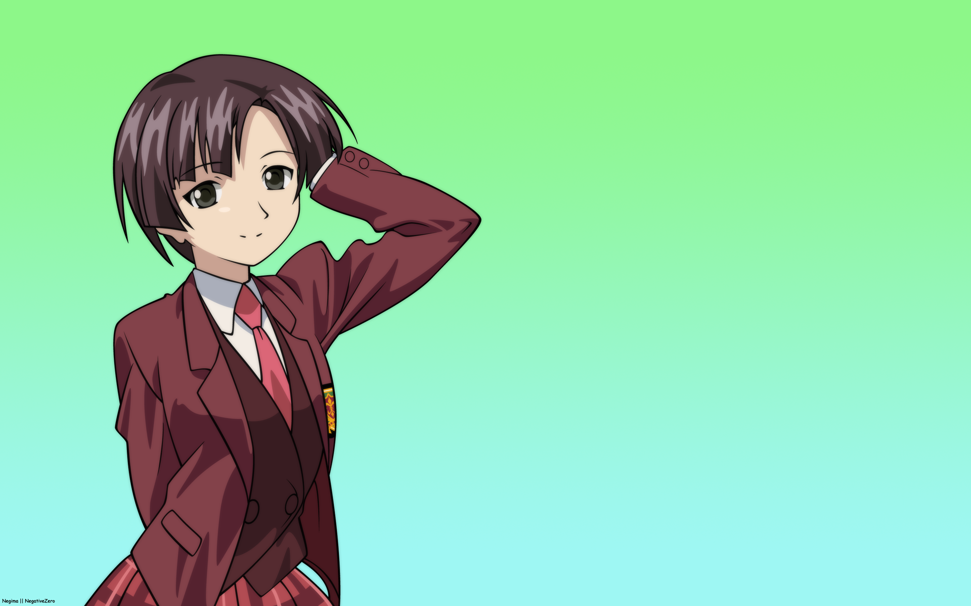 kugimiya madoka, mahou sensei negima!, artist request, derivative work, highres, tagme, vector trace, 1girl, female focus, green background, school uniform, serafuku, short hair, solo