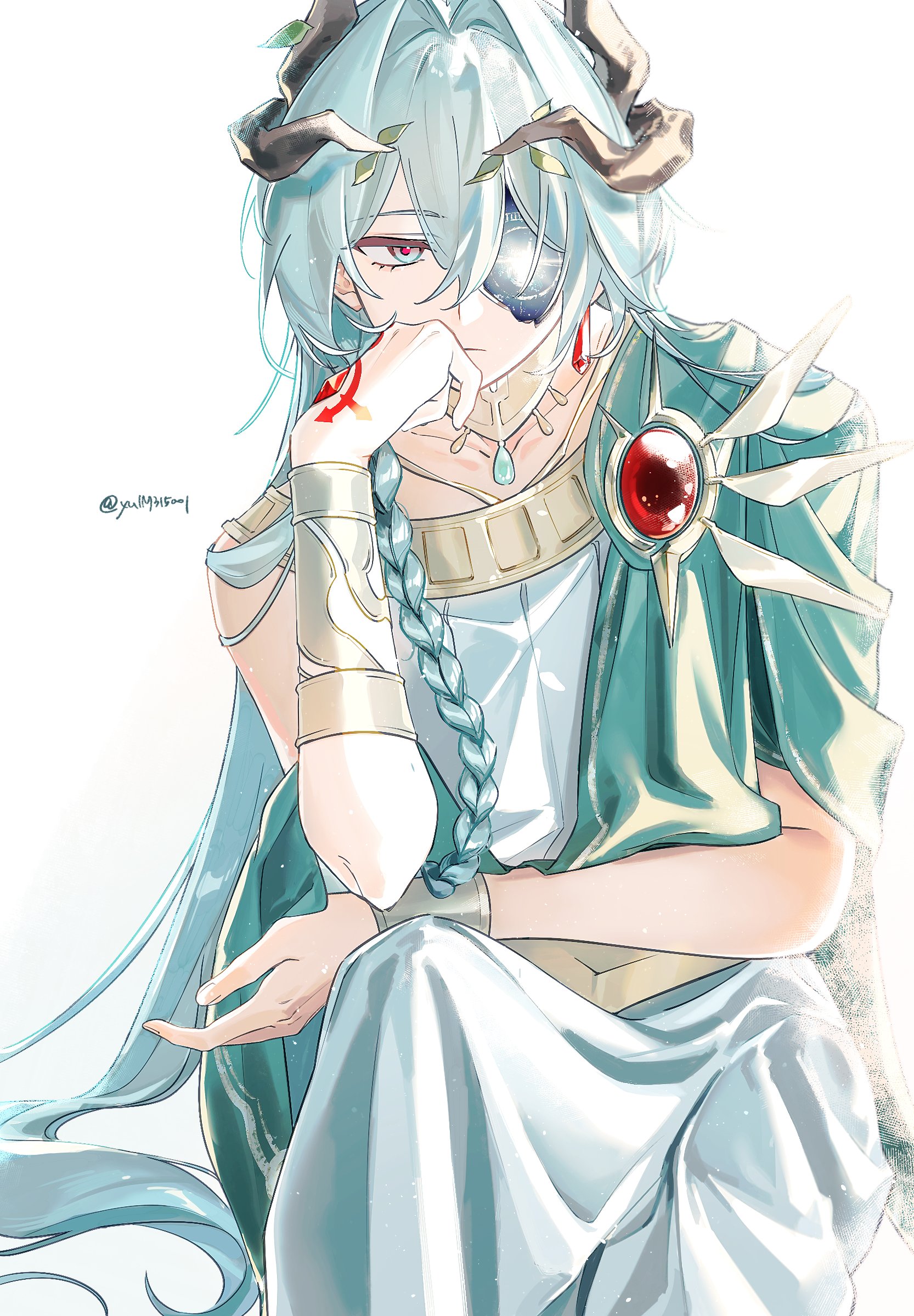 anaxa (honkai: star rail), honkai: star rail, honkai (series), absurdres, highres, 1boy, alternate costume, alternate hair length, alternate hairstyle, aqua eyes, braid, closed mouth, earrings, gem, greco-roman clothes, hair between eyes, hair intakes, hand tattoo, head rest, jewelry, long hair, male focus, one eye covered, pink pupils, red gemstone, red tattoo, simple background, single braid, single earring, solo, tattoo, twitter username, very long hair, white background, yulm315001