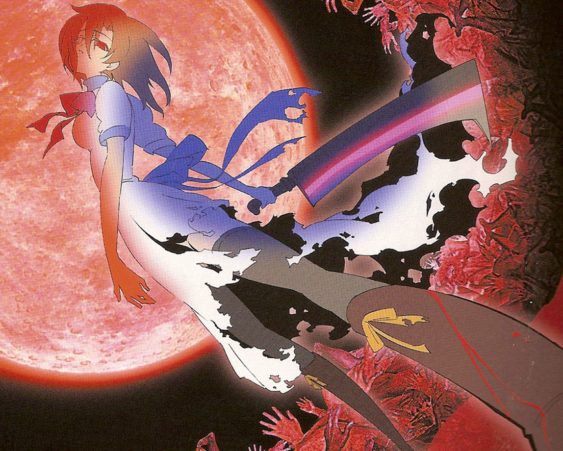 ryuuguu rena, higurashi no naku koro ni, 00s, 1girl, blood, cleaver, dress, orange hair, red eyes, short hair, sword, thighhighs, weapon
