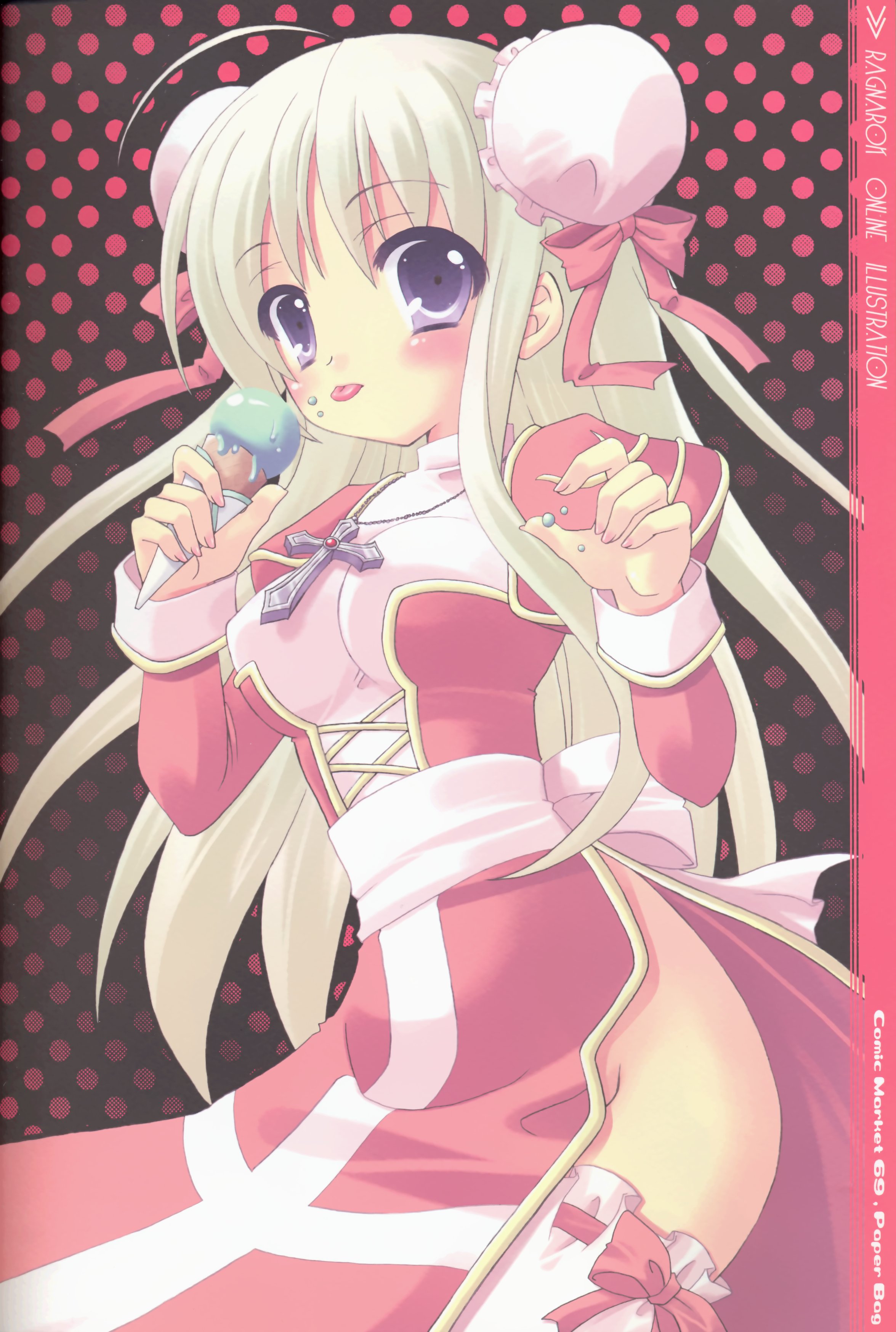 ragnarok online, absurdres, highres, food, long hair, no panties, thighhighs