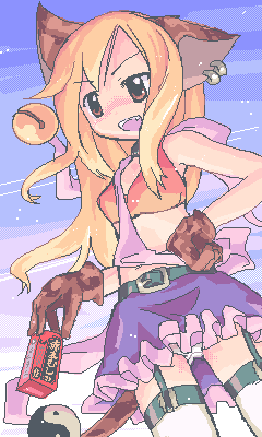 trickster (ntreev soft), lowres, 10s, animal ears, bell, blonde hair, brown eyes, cat ears, garter belt, gloves, long hair, matra-mica, midriff, panties, piercing, scarf, skirt, thighhighs, underwear