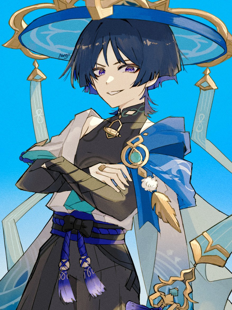 nonoji (nonoji ekaki), scaramouche (genshin impact), wanderer (genshin impact), genshin impact, 1boy, aqua gemstone, armor, armpit crease, artist name, belt, black belt, black bodysuit, black bow, black bridal gauntlets, black hair, black shorts, blue background, blue cape, blue hat, blue sleeves, blunt ends, bodysuit, bow, bridal gauntlets, cape, colored inner hair, covered collarbone, cowboy shot, crossed arms, eyeliner, eyeshadow, feathers, furisode, gem, gold, gold ring, hakama, hakama shorts, hand on own arm, hat, japanese armor, japanese clothes, jingasa, kimono, kote, kurokote, layered sleeves, looking at viewer, makeup, male focus, mandarin collar, middle ring, multicolored hair, pleated shorts, pom pom (clothes), purple eyes, purple hair, purple rope, purple sash, red eyeliner, red eyeshadow, rope, sash, short sleeves, shorts, shoulder peek, smirk, solo, tassel, tsurime, vision (genshin impact), white mouth, white sleeves, white trim, wispy bangs, yellow feathers