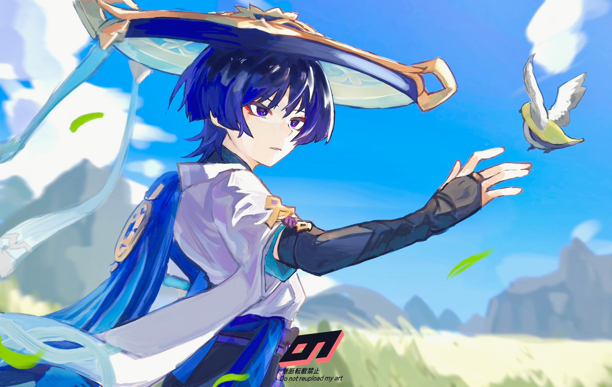 nonoji (nonoji ekaki), scaramouche (genshin impact), wanderer (genshin impact), genshin impact, highres, 1boy, armor, belt, bird, black belt, black bridal gauntlets, blue cape, blue hair, blue hat, blue sky, blue sleeves, blunt ends, blurry, blurry background, bridal gauntlets, bright pupils, cape, cloud, cloudy sky, eyeliner, eyeshadow, falling leaves, finch, from behind, furisode, gold, gold ring, grasslands, hat, japanese armor, japanese clothes, jingasa, kimono, kote, kurokote, layered sleeves, leaf, looking at animal, looking to the side, makeup, male focus, middle ring, mountainous horizon, open hand, outdoors, outstretched arm, parted lips, purple eyes, red eyeliner, red eyeshadow, short sleeves, sky, solo, tsurime, upper body, white kimono, white mouth, white pupils, white sleeves