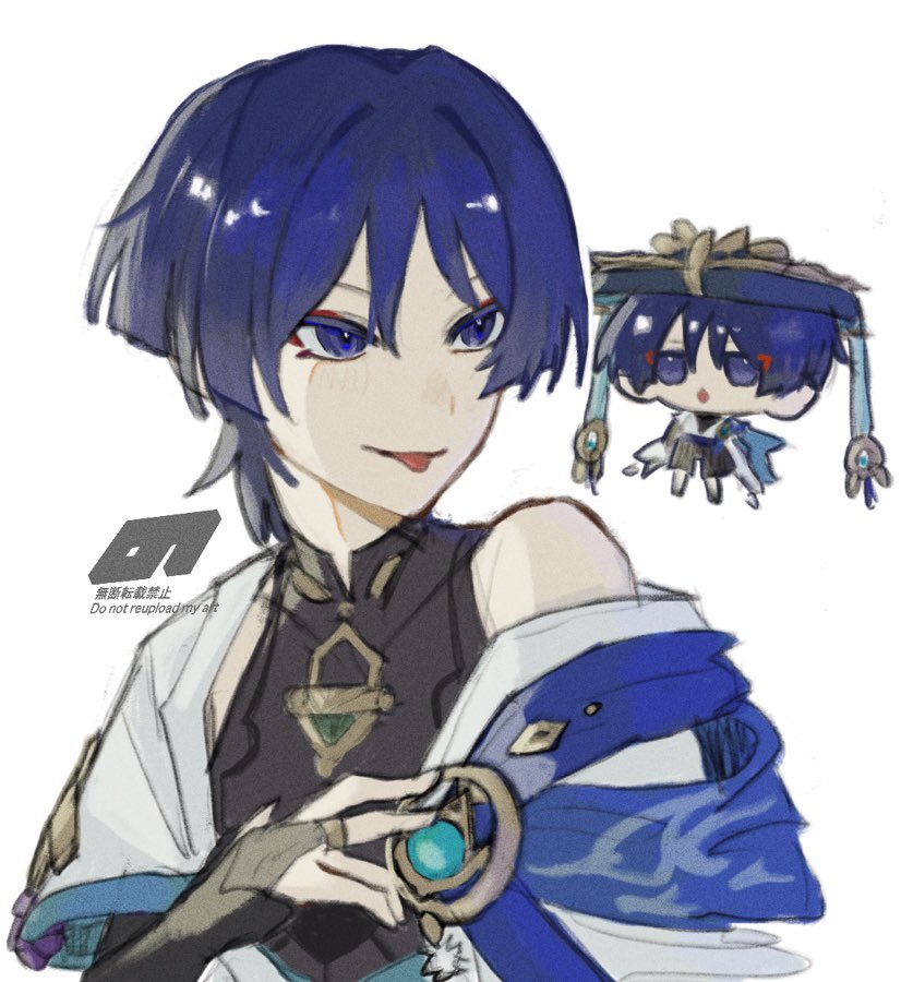 nonoji (nonoji ekaki), scaramouche (genshin impact), wanderer (genshin impact), genshin impact, 1boy, armor, black bodysuit, black bridal gauntlets, black hair, blue cape, blue gemstone, blue hair, blue sleeves, blunt ends, bodysuit, bridal gauntlets, bright pupils, cape, chibi, chibi inset, covered collarbone, eyeliner, eyeshadow, gem, gold, gold ring, hand on own chest, japanese armor, japanese clothes, kimono, kote, kurokote, layered sleeves, looking to the side, makeup, male focus, mandarin collar, middle ring, multicolored hair, open clothes, open hand, open kimono, pom pom (clothes), purple eyes, purple rope, red eyeliner, red eyeshadow, rope, short sleeves, shoulder peek, single off shoulder, solo, streaked hair, tongue, tongue out, tsurime, upper body, vision (genshin impact), white background, white kimono, white pupils, white sleeves, white trim, wispy bangs