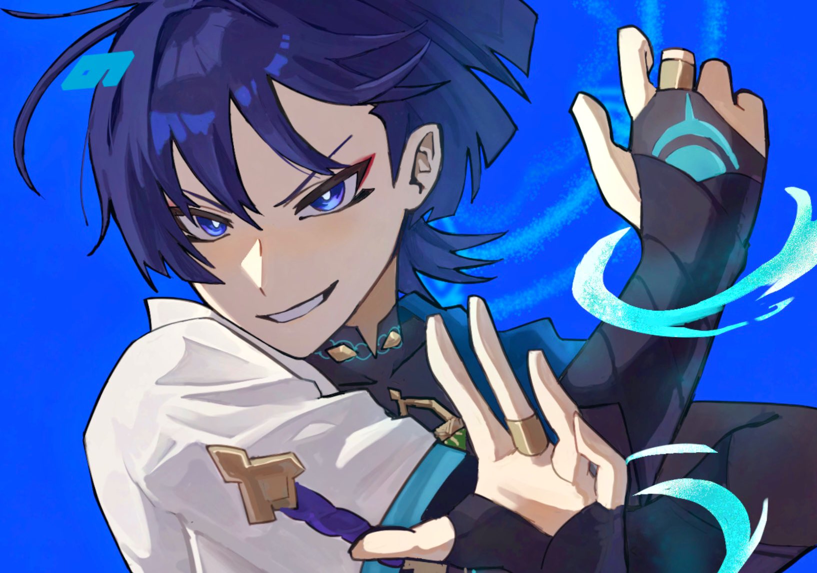 nonoji (nonoji ekaki), scaramouche (genshin impact), wanderer (genshin impact), genshin impact, highres, 1boy, armor, black bodysuit, black bridal gauntlets, blue background, blue sleeves, blunt ends, bodysuit, bridal gauntlets, bright pupils, covered collarbone, crossed arms, eyeliner, eyeshadow, gold ring, japanese armor, kote, kurokote, layered sleeves, looking to the side, makeup, male focus, mandarin collar, middle ring, multicolored hair, open hand, open mouth, portrait, purple eyes, purple hair, purple rope, red eyeliner, red eyeshadow, rope, short sleeves, smirk, solo, streaked hair, v-shaped eyebrows, white mouth, white pupils, white sleeves, wind, wispy bangs