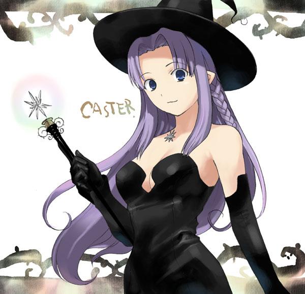 medea (caster) (fate), medea (fate), fate/stay night, fate (series), type-moon, 00s, 1girl, bare shoulders, blush, breasts, female focus, long hair, solo, strapless, wand, witch
