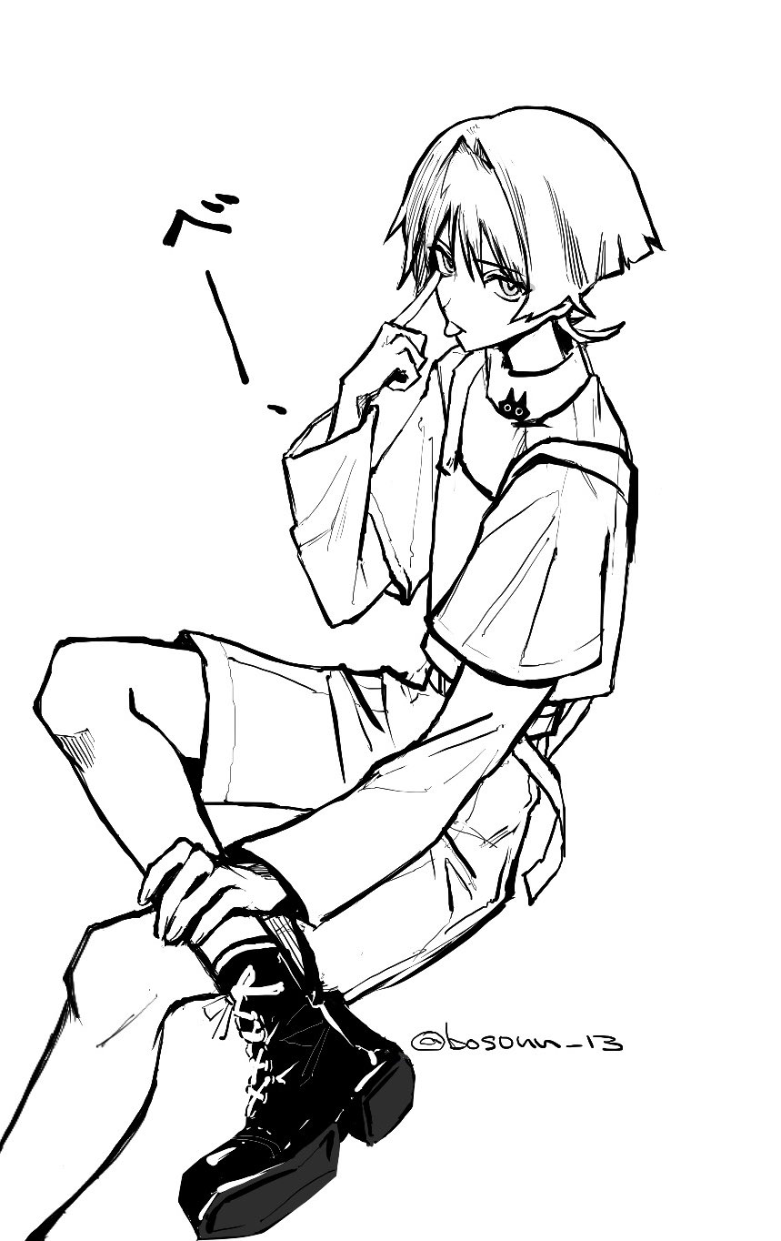 bosonn 13, scaramouche (genshin impact), genshin impact, highres, 1boy, :p, akanbe, alternate costume, belt, blunt ends, boots, casual, contemporary, eyelid pull, finger to eye, fingernails, greyscale, hair intakes, hand on own leg, hand up, index finger raised, lace-up boots, layered sleeves, leg over thigh, long sleeves, looking at viewer, male focus, monochrome, shirt, short over long sleeves, short sleeves, shorts, solo, tongue, tongue out, tsurime, twitter username, white background, wispy bangs