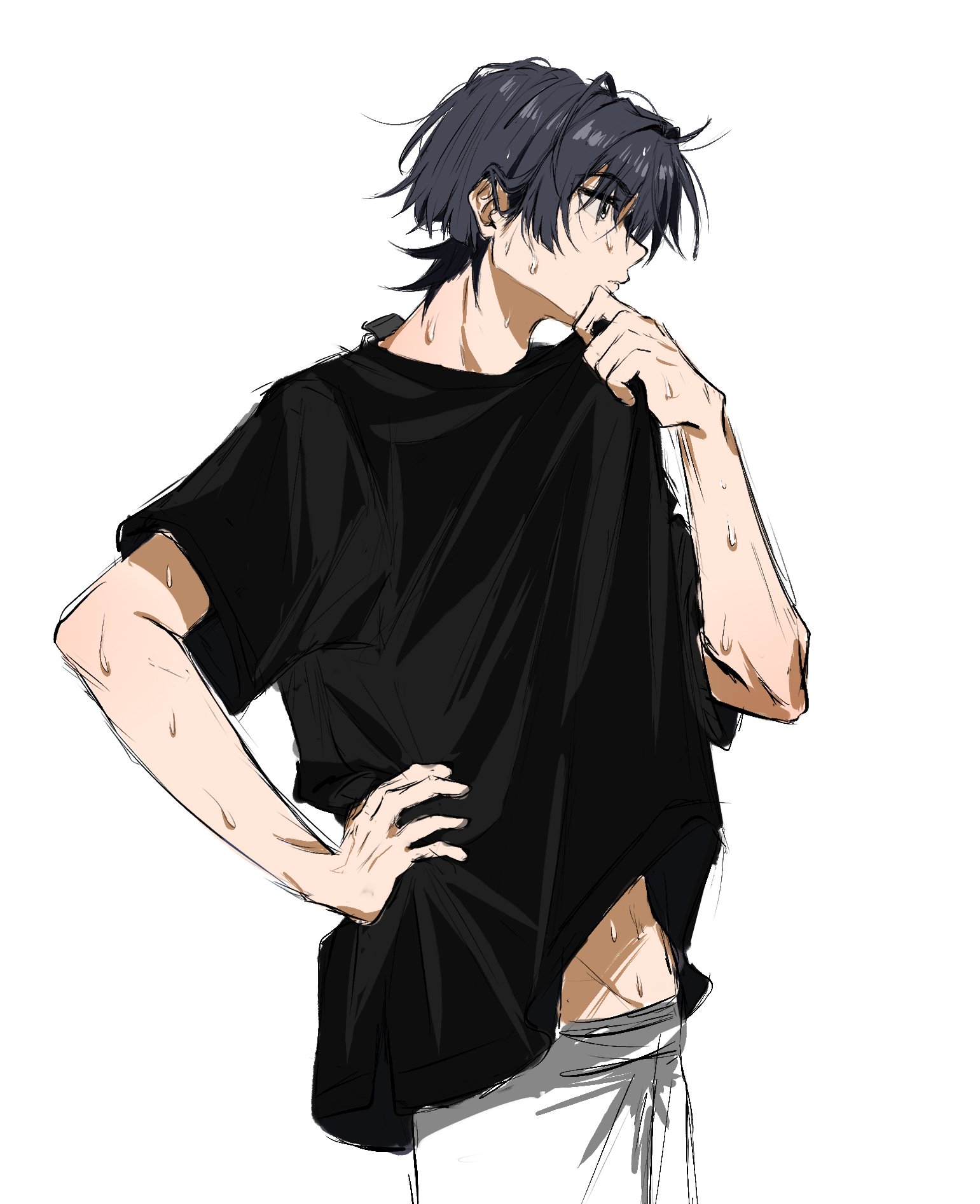 dintoge, scaramouche (genshin impact), genshin impact, highres, 1boy, alternate costume, black eyes, black hair, black shirt, black sleeves, blunt ends, casual, clenched hand, closed mouth, clothes grab, contemporary, cowboy shot, groin, hair behind ear, hand on own hip, hand up, looking to the side, male focus, midriff peek, navel, open hand, shirt, shirt grab, short sleeves, shorts, solo, sweat, tsurime, white background, white shorts, wiping face