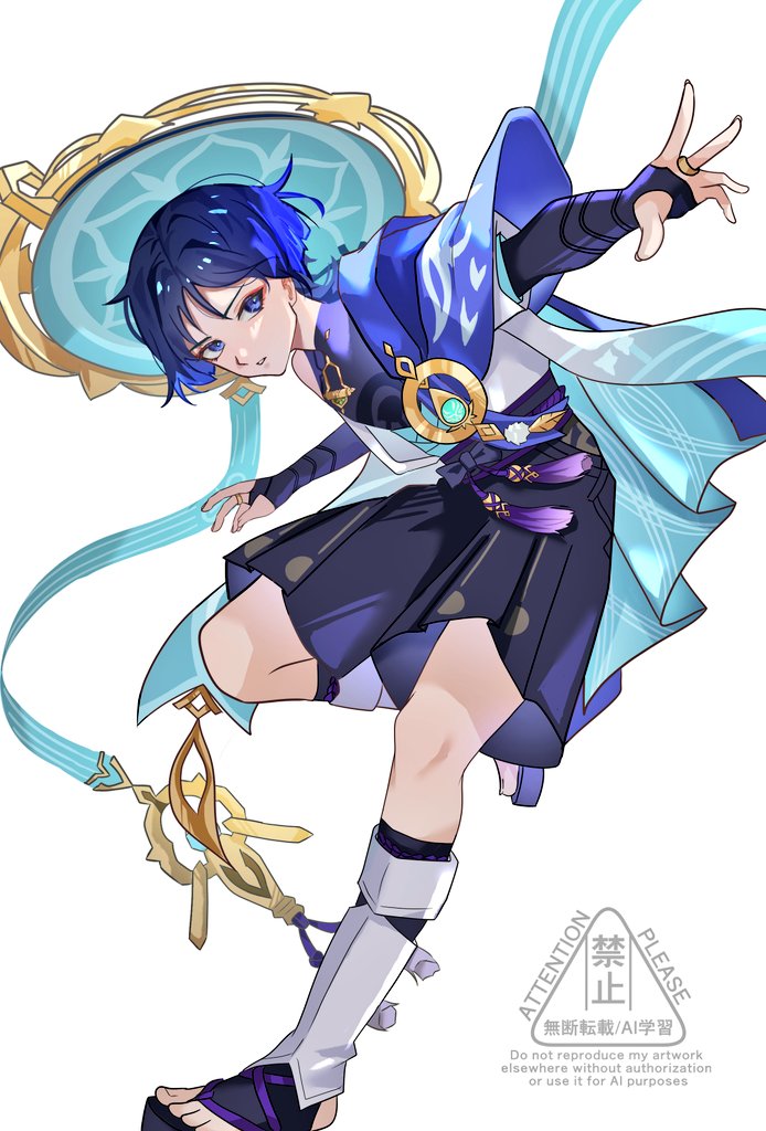 nece6556, scaramouche (genshin impact), wanderer (genshin impact), genshin impact, 1boy, anemo symbol (genshin impact), animal print, arm at side, armor, belt, bird print, black belt, black bodysuit, black bow, black bridal gauntlets, black sandals, black shorts, blue cape, blue gemstone, blue hair, blue hat, blue kimono, blue sleeves, blunt ends, bodysuit, bow, bridal gauntlets, bridal legwear, cape, clothing cutout, eyeliner, eyeshadow, feathers, fingernails, foot up, furisode, gem, gold, gold ring, hakama, hakama shorts, hat, hip vent, japanese armor, japanese clothes, jingasa, juban, kimono, kote, kurokote, layered sleeves, leg warmers, looking at viewer, looking to the side, makeup, male focus, mandarin collar, middle ring, open clothes, open hand, open kimono, outstretched arm, parted lips, pleated shorts, pom pom (clothes), purple eyes, purple rope, purple sash, red eyeliner, red eyeshadow, rope, sandals, sash, short sleeves, shorts, single off shoulder, solo, stirrup legwear, tassel, toeless legwear, toenails, toes, tsurime, vision (genshin impact), watermark, white background, white kimono, white leg warmers, white mouth, white sleeves, white trim, wispy bangs, yellow feathers, zouri