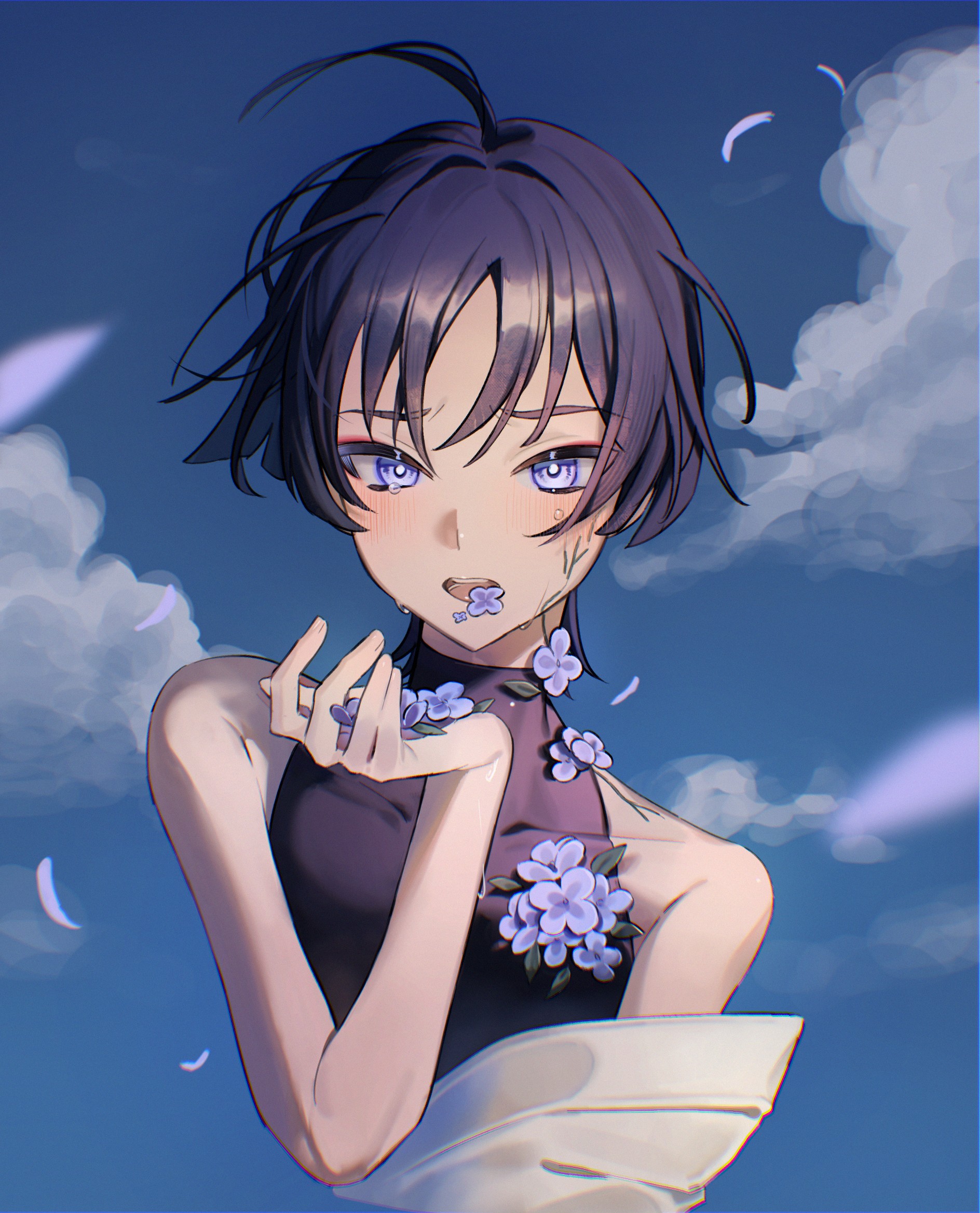 fuli (narumiyafuri), scaramouche (genshin impact), wanderer (genshin impact), genshin impact, highres, 1boy, bare shoulders, black bodysuit, black hair, blue sky, blunt ends, blush, bodysuit, bright pupils, cloud, cloudy sky, covered collarbone, cropped torso, eyeliner, eyeshadow, falling feathers, feathers, fingernails, flower, flower over mouth, furrowed brow, grass, hand up, holding, holding flower, japanese clothes, kimono, looking at viewer, makeup, male focus, open hand, open mouth, portrait, purple eyes, purple feathers, purple flower, red eyeliner, red eyeshadow, single off shoulder, sky, solo, straight-on, teeth, tongue, tsurime, turtleneck, turtleneck bodysuit, white kimono, white pupils, white sleeves, wispy bangs