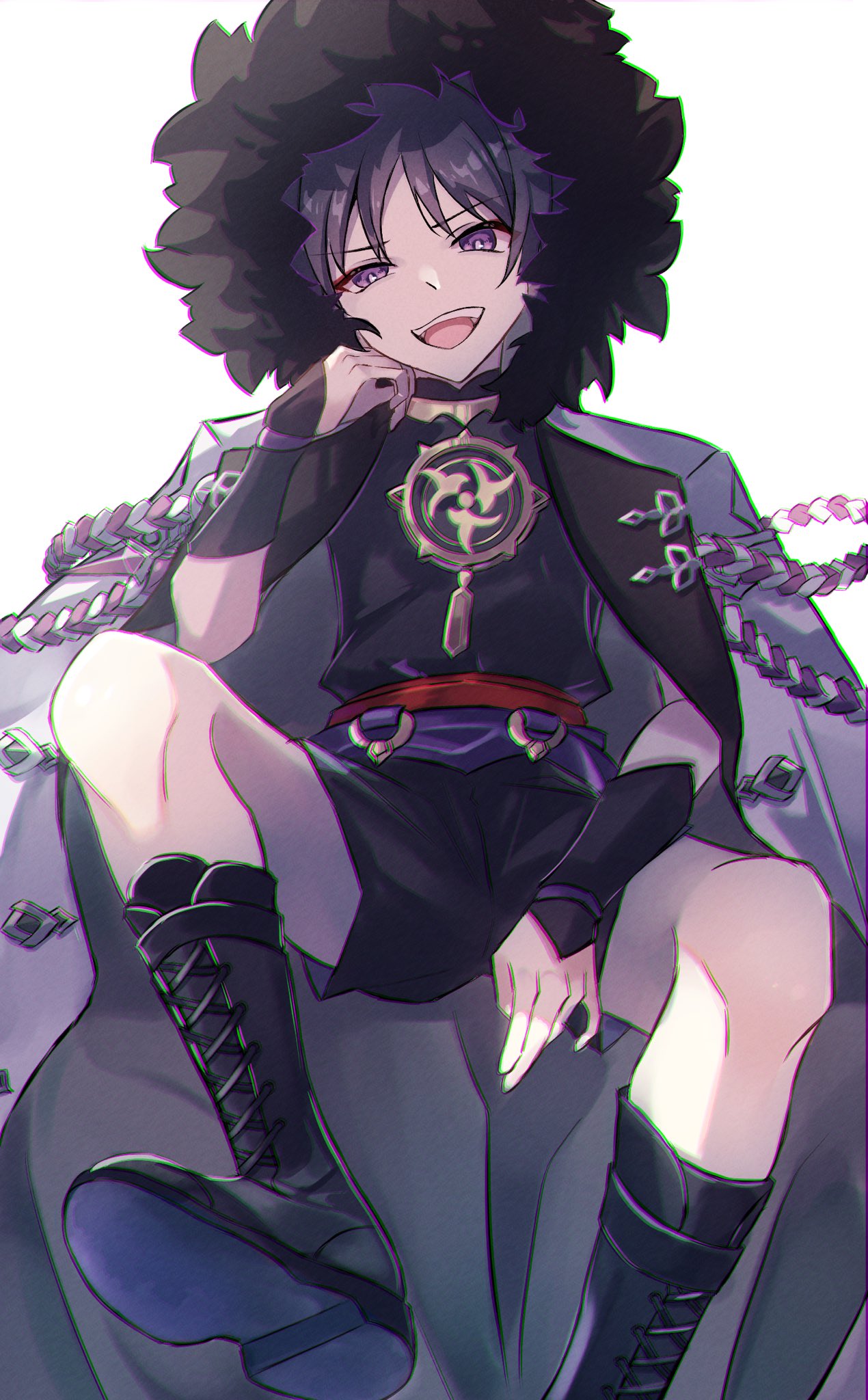 sien1009, scaramouche (genshin impact), genshin impact, highres, 1boy, aiguillette, armor, black boots, black shirt, black shorts, boots, coat, elbow on thigh, fatui coat, from below, fur hood, gold, grey hair, hand between thighs, hand on own cheek, hand on own face, hand up, hood, hood up, hooded coat, japanese armor, jewelry, knee boots, kote, kurokote, lace-up boots, lapels, looking at viewer, male focus, mitsudomoe (shape), neck ring, o-ring, open clothes, open coat, open mouth, purple eyes, purple rope, purple sash, red sash, rope, sash, shimenawa, shirt, shorts, sitting, smug, solo, teeth, tomoe (symbol), tongue, uneven eyes, upper teeth only, white background, white coat, white rope, winter clothes, winter coat