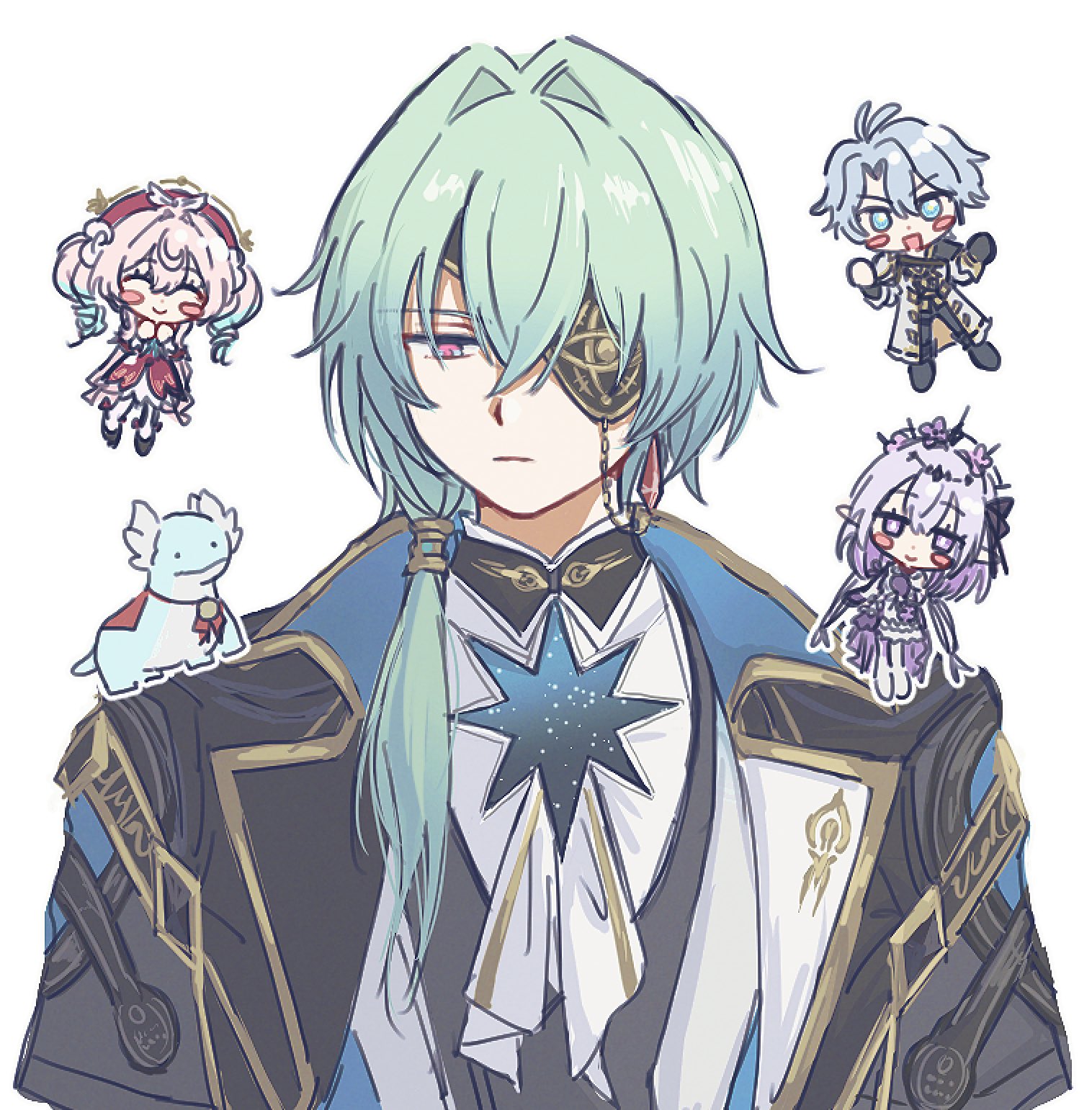 sa (onksicya45), anaxa (honkai: star rail), castorice (honkai: star rail), hyacine (honkai: star rail), phainon (honkai: star rail), honkai: star rail, honkai (series), highres, 2boys, 2girls, aqua hair, black jacket, chain, chibi, closed mouth, creature, earrings, eyepatch, full body, gem, grey hair, hair between eyes, hair intakes, jacket, jewelry, lapels, mandarin collar, medium hair, multiple boys, multiple girls, notched lapels, one eye covered, open mouth, pink eyes, pink hair, purple hair, red gemstone, shirt, side ponytail, simple background, single earring, smile, upper body, white background, white shirt