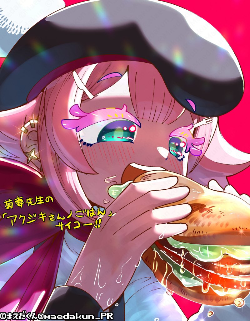 maedakun, translation request, 1girl, akujiki-san, akujiki-san no gohan, beret, black hat, blush, burger, close-up, colored eyelashes, earrings, food, green eyes, hair ornament, hat, holding, holding burger, holding food, jewelry, open mouth, pink hair, red background, red scarf, saliva, scarf, shirt, solo, sparkle, teeth, twitter username, upper teeth only, white shirt