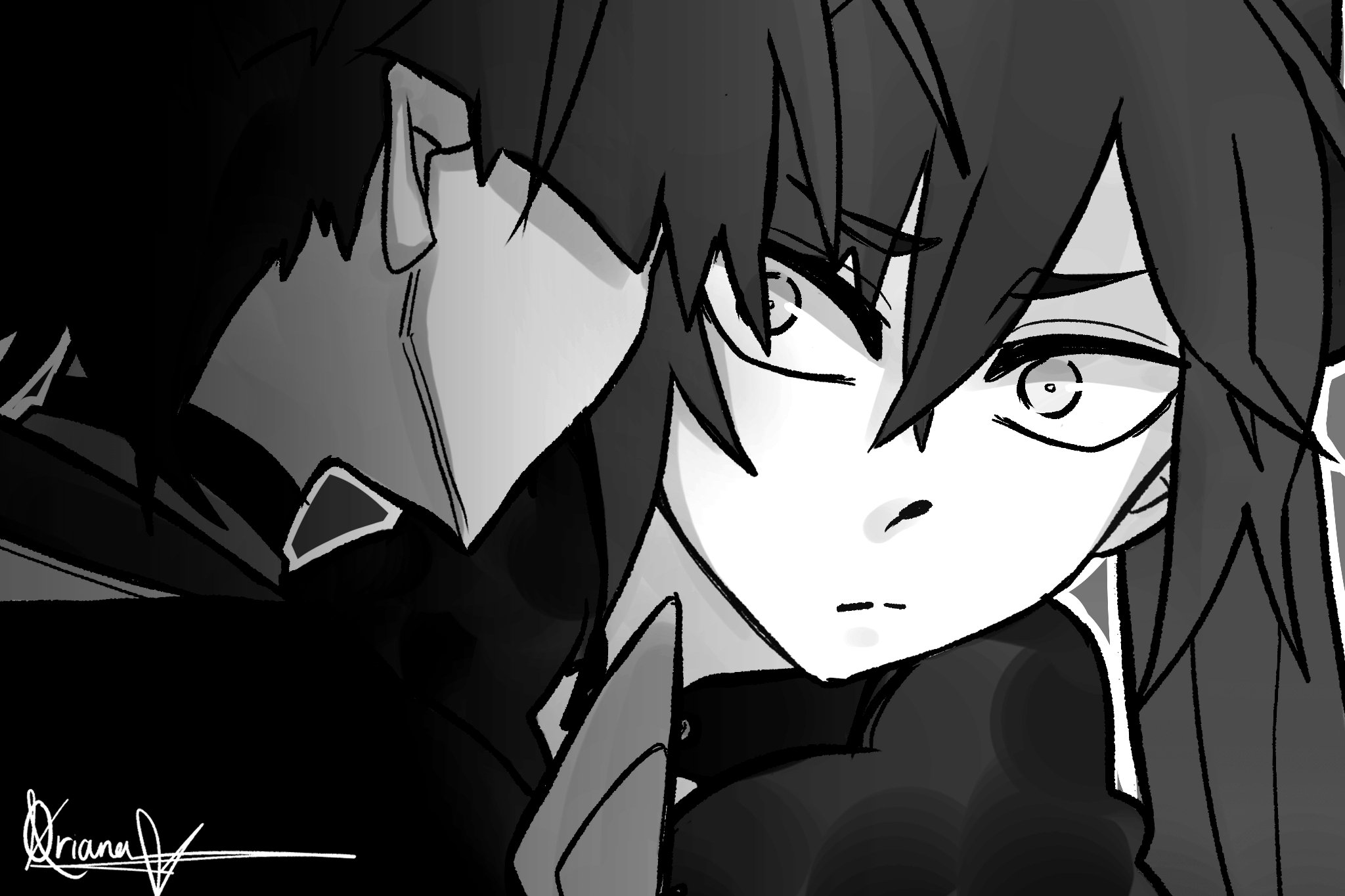 mona (genshin impact), scaramouche (genshin impact), genshin impact, highres, 1boy, 1girl, blunt ends, choker, crossed bangs, facing another, fur collar, greyscale, hair between eyes, japanese clothes, jewelry, kimono, long hair, looking at another, monochrome, neck ring, oriana0w0, short eyebrows, sidelocks, signature, tsurime, twintails, wide-eyed