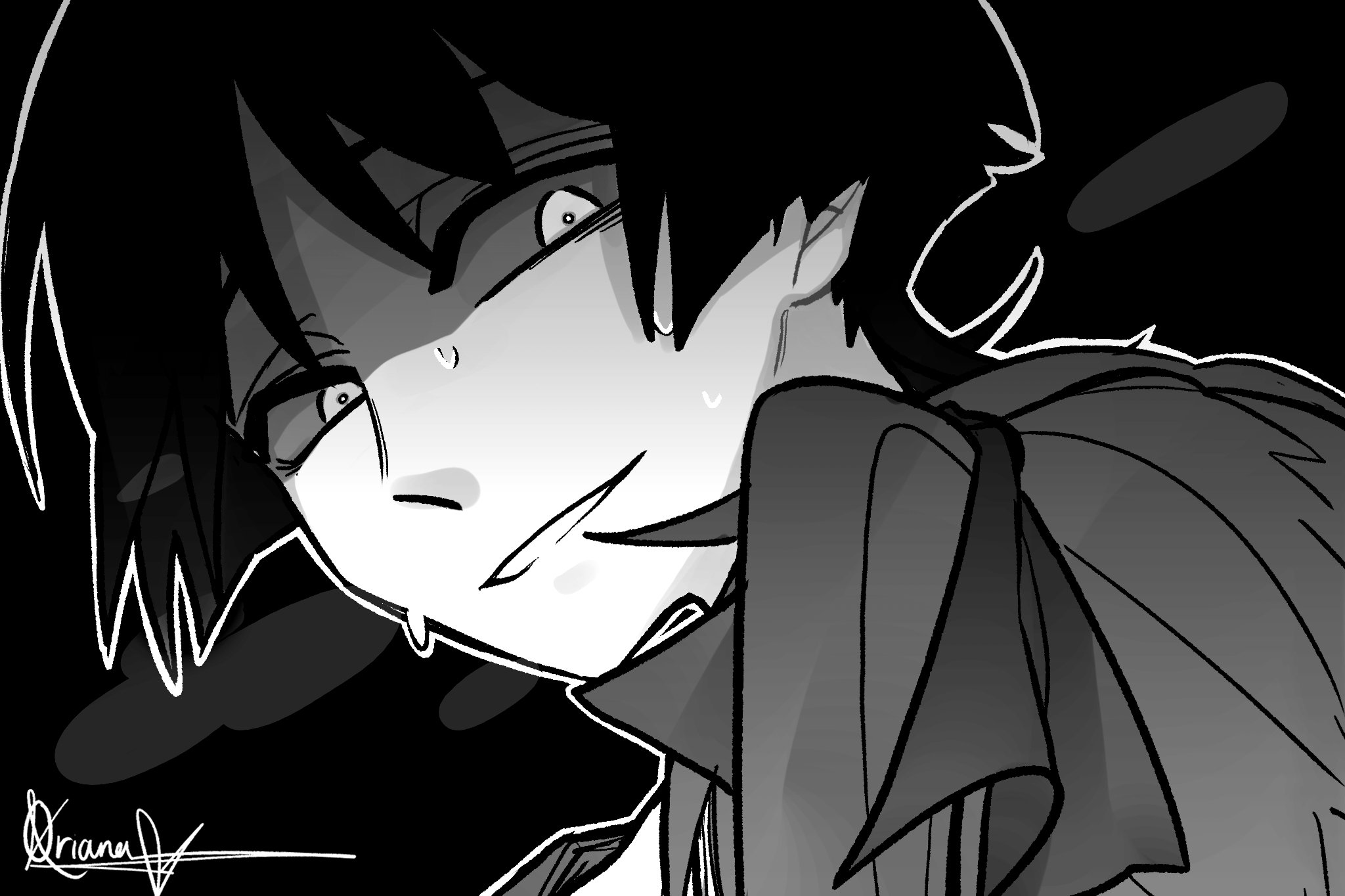 mona (genshin impact), scaramouche (genshin impact), genshin impact, highres, 1boy, 1girl, black background, blunt ends, bow, crazy smile, creepy eyes, greyscale, hair bow, looking at another, looking at viewer, looking down, monochrome, oriana0w0, outline, shaded face, signature, smile, sweat, tsurime, white outline, wispy bangs, yandere, you gonna get raped