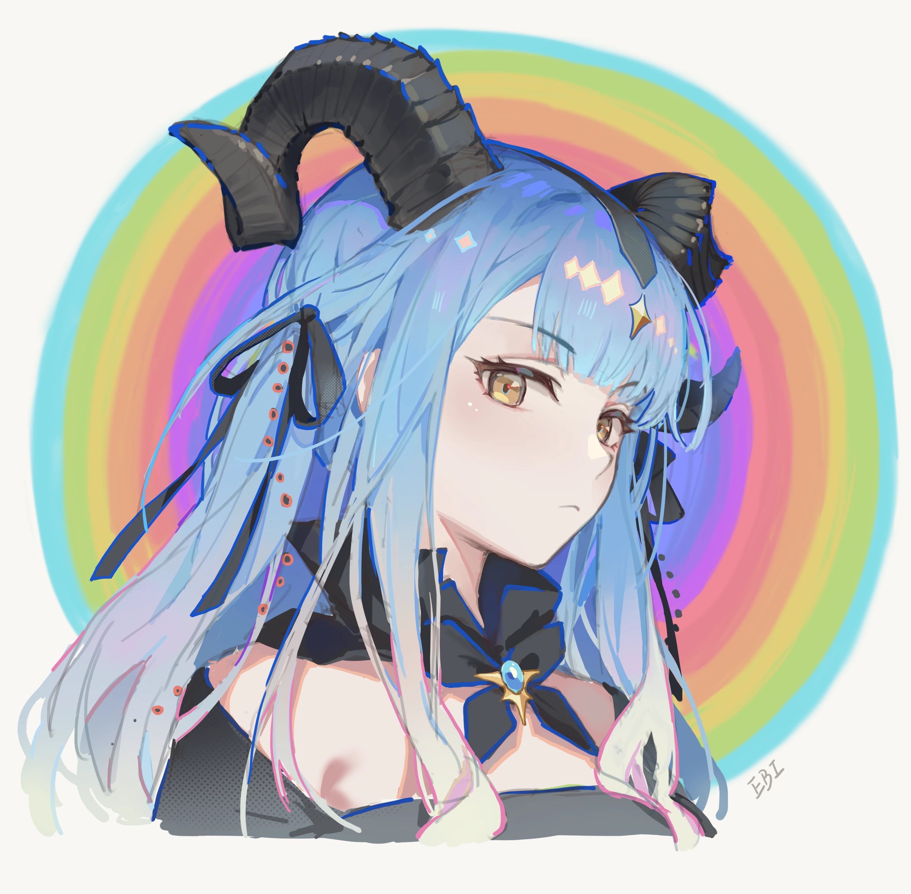 blue shrimp, togawa sakiko, arknights, bang dream!, bang dream! it's mygo!!!!!, absurdres, highres, 1girl, bare shoulders, black horns, black ribbon, blue hair, blunt bangs, closed mouth, cropped torso, curled horns, detached collar, hair ribbon, horns, long hair, looking at viewer, ribbon, sidelocks, solo, togawa sakiko (master of melodia), two side up, upper body, yellow eyes