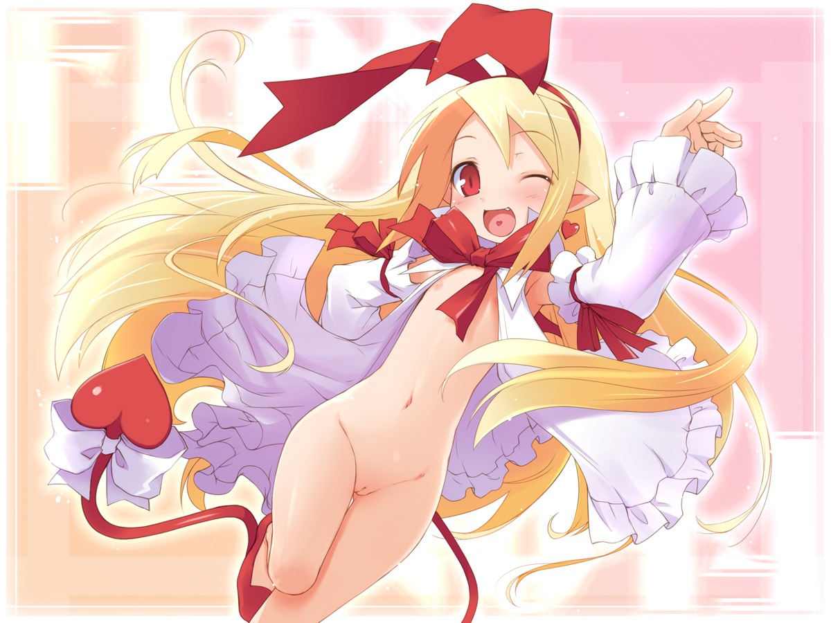 haga yui, flonne, flonne (fallen angel), disgaea, makai senki disgaea, nippon ichi, 1girl, blonde hair, blush, bow, breasts, fallen angel, fang, female focus, flat chest, loli, long hair, narrow waist, no panties, nude, open clothes, open shirt, open skirt, pussy, red eyes, skirt, solo, tail, thigh gap, thighs, uncensored, wide hips