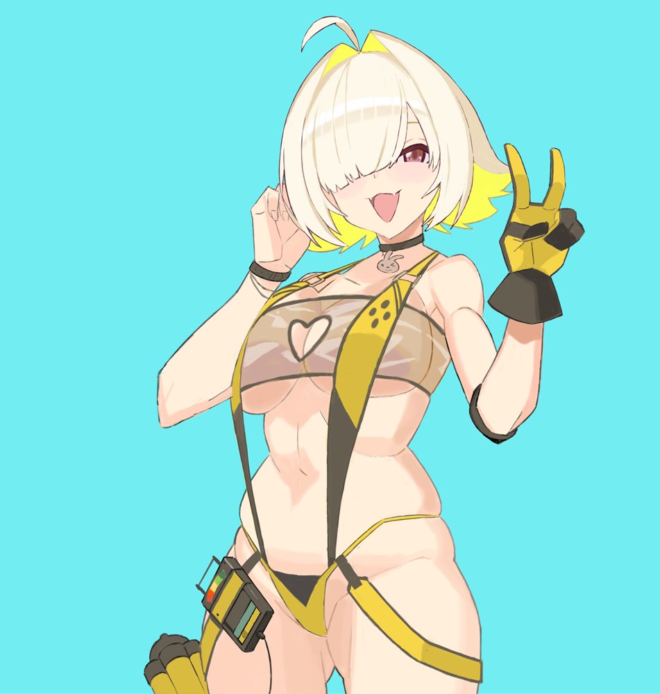yuuki (irodo rhythm), elegg (boom and shock) (nikke), elegg (nikke), goddess of victory: nikke, 1girl, ahoge, bare shoulders, belly, black choker, blonde hair, breasts, brown eyes, choker, cleavage, cleavage cutout, clothing cutout, fang, game controller print, gloves, hair intakes, hair over one eye, hand up, heart cutout, large breasts, multicolored hair, navel, official alternate costume, open mouth, rabbit choker, rabbit ornament, see-through slingshot swimsuit, short hair, single glove, skin fang, slingshot swimsuit, smile, solo, swimsuit, two-tone hair, underboob, v, yellow slingshot swimsuit