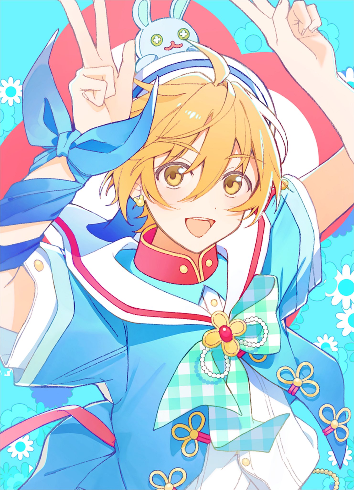 mashiro tomoya, ensemble stars!, highres, 1boy, arms up, blonde hair, blue background, blue ribbon, bow, brooch, double v, flower brooch, hat, high collar, jewelry, looking at viewer, male focus, open mouth, plaid bow, point c5, ribbon, sailor collar, sailor hat, short sleeves, smile, solo, upper body, v, yellow eyes