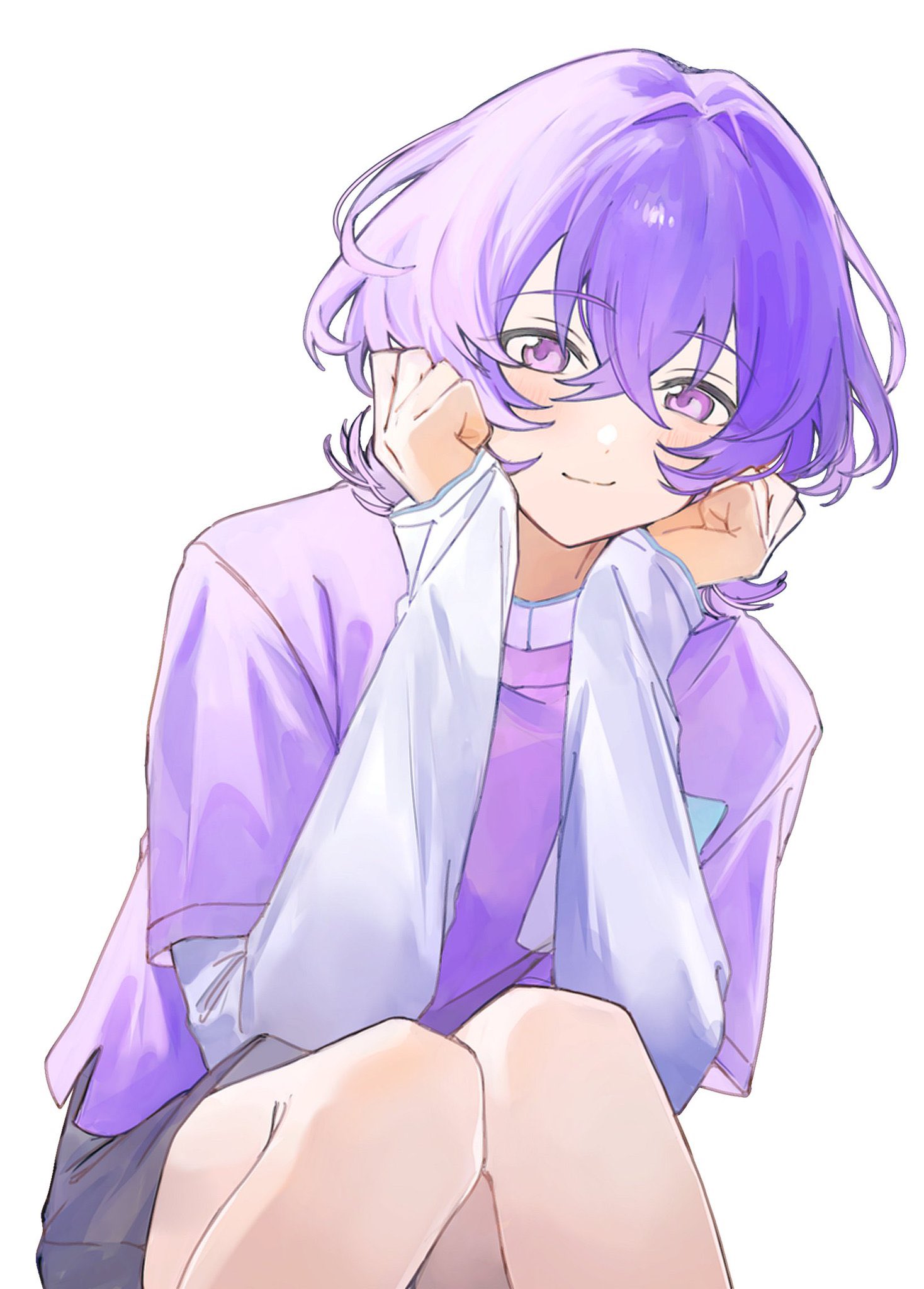 hanamura fuyume, ensemble stars!, highres, 1boy, arm rest, clenched hands, closed mouth, hair between eyes, hands on own face, long sleeves, male focus, medium hair, official alternate costume, point c5, purple eyes, purple hair, purple shirt, shirt, shorts, simple background, smile, solo, white background
