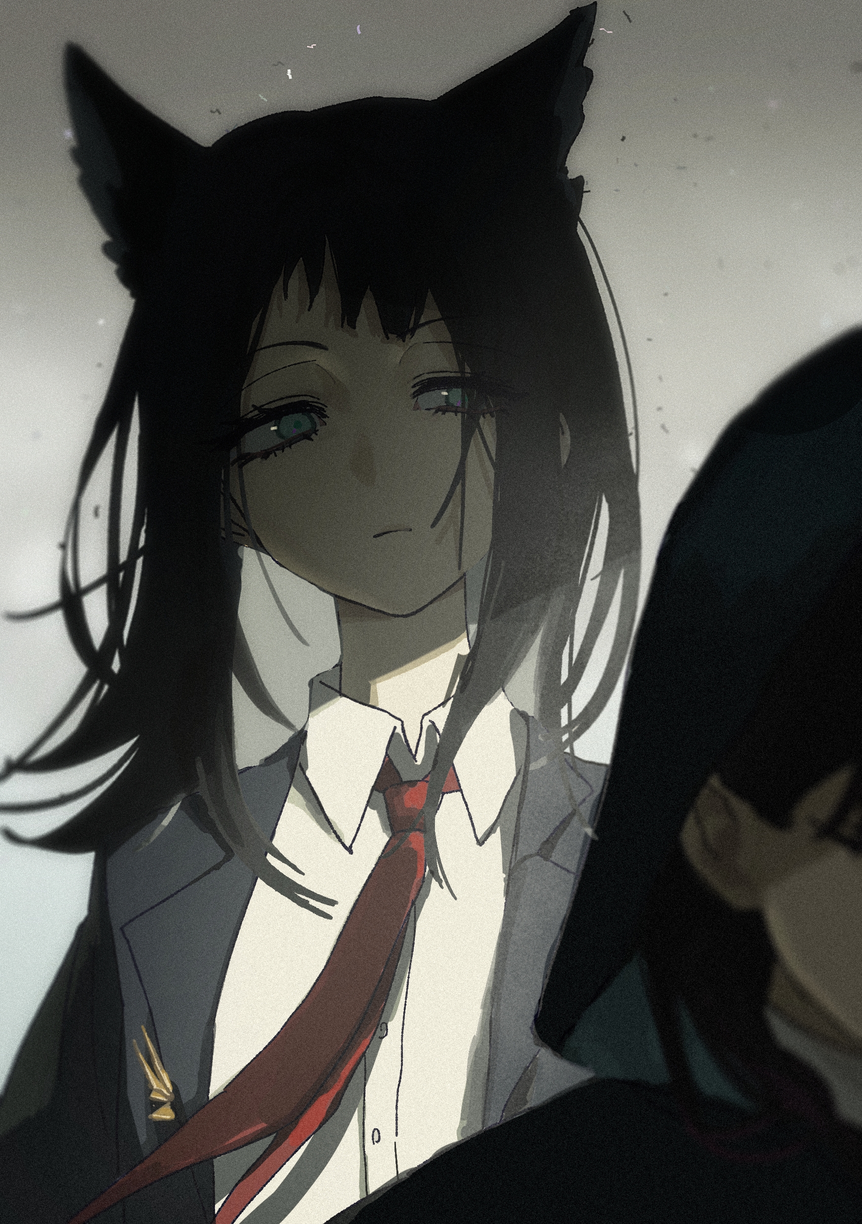 cx6lc0, shiina taki, yahata umiri, arknights, bang dream!, bang dream! it's mygo!!!!!, absurdres, chinese commentary, commentary request, highres, 2girls, animal ears, black hair, black jacket, blue eyes, collared shirt, expressionless, face in shadow, film grain, gradient background, hood, hood up, jacket, looking at another, medium hair, multiple girls, necktie, out of frame, red necktie, shirt, solo focus, upper body, white shirt, wolf ears, wolf girl, yahata umiri (moonlight executioner)