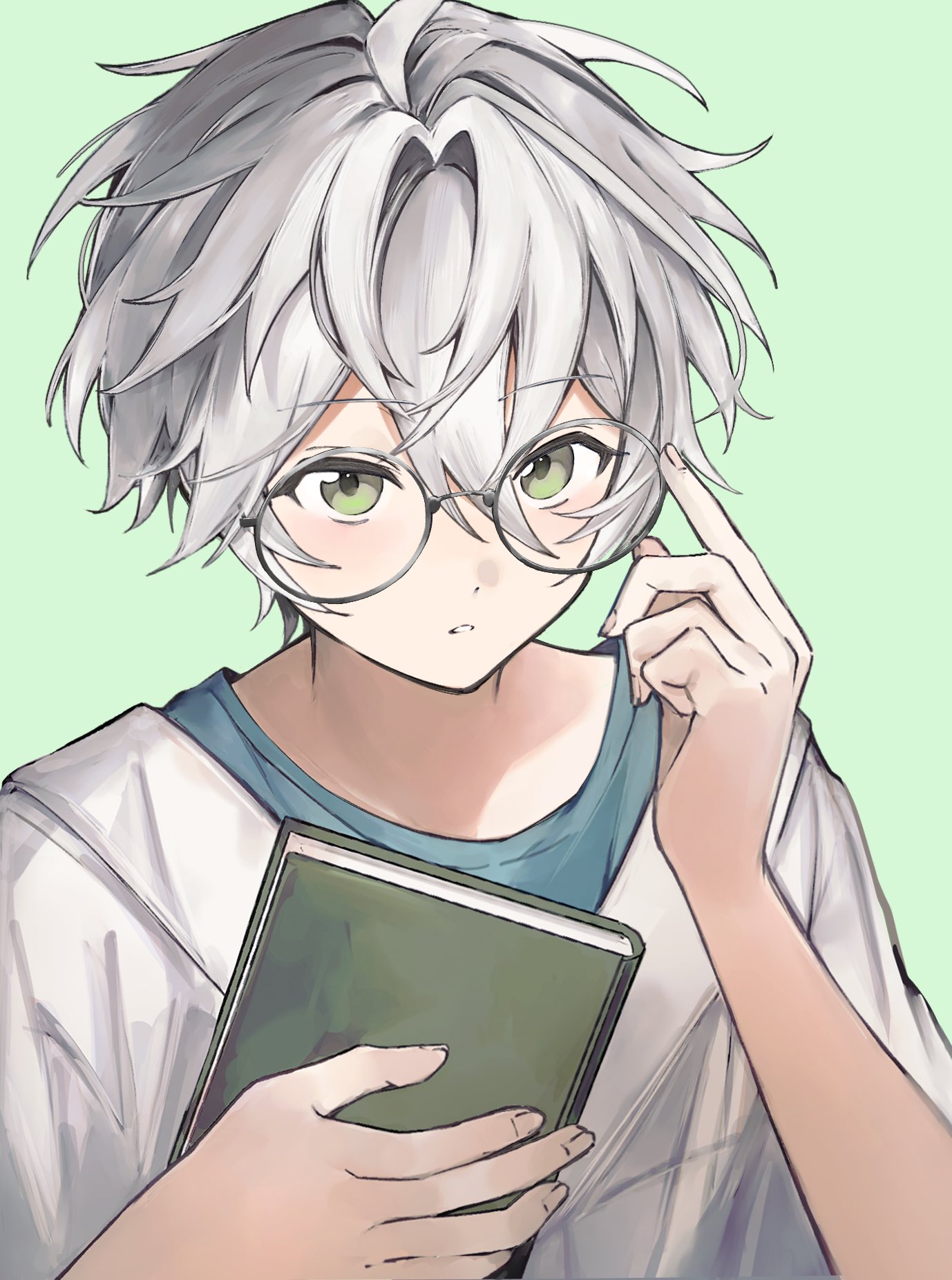 natsu kanna, ensemble stars!, highres, 1boy, adjusting eyewear, book, from above, glasses, green background, green eyes, holding, holding book, looking at viewer, male focus, parted lips, point c5, round eyewear, shirt, short hair, simple background, solo, upper body, white hair, white shirt