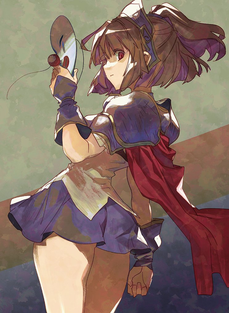 narita imomushi, doppelganger arle, puyopuyo, puyopuyo n, commentary, 1girl, armor, blue armor, blue gloves, blue skirt, brown hair, cape, chest guard, closed mouth, clown mask, corset, cowboy shot, gloves, hand up, headpiece, holding, holding mask, looking at viewer, looking back, mask, miniskirt, pauldrons, ponytail, red cape, red eyes, shoulder armor, skirt, solo, standing, thighs, unworn mask, white corset