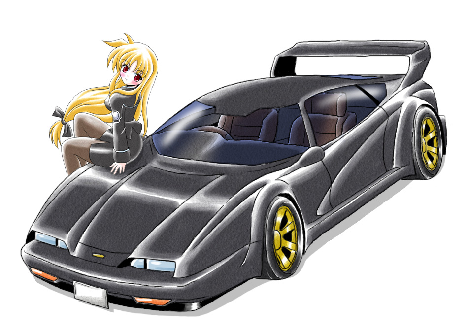 fate testarossa, lyrical nanoha, blush, car, long hair, motor vehicle, pantyhose, skirt