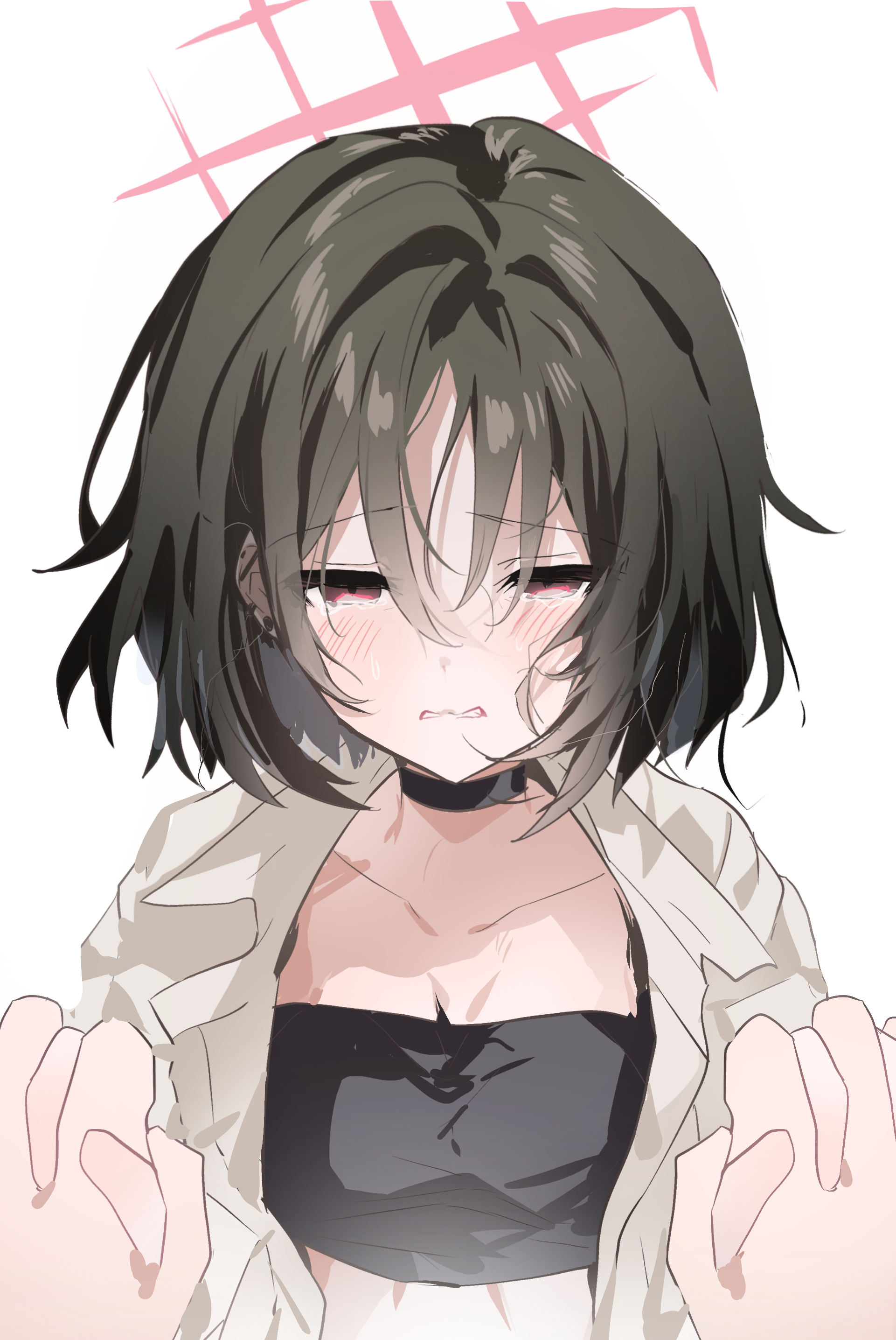 kogiko (shironowa01), misaki (blue archive), misaki (swimsuit) (blue archive), blue archive, absurdres, highres, 1girl, bandeau, barbell piercing, bikini, bikini under clothes, black bandeau, black bikini, cross halo, ear piercing, halo, holding hands, industrial piercing, official alternate costume, piercing, pov, pov hands, red halo, star halo, swimsuit
