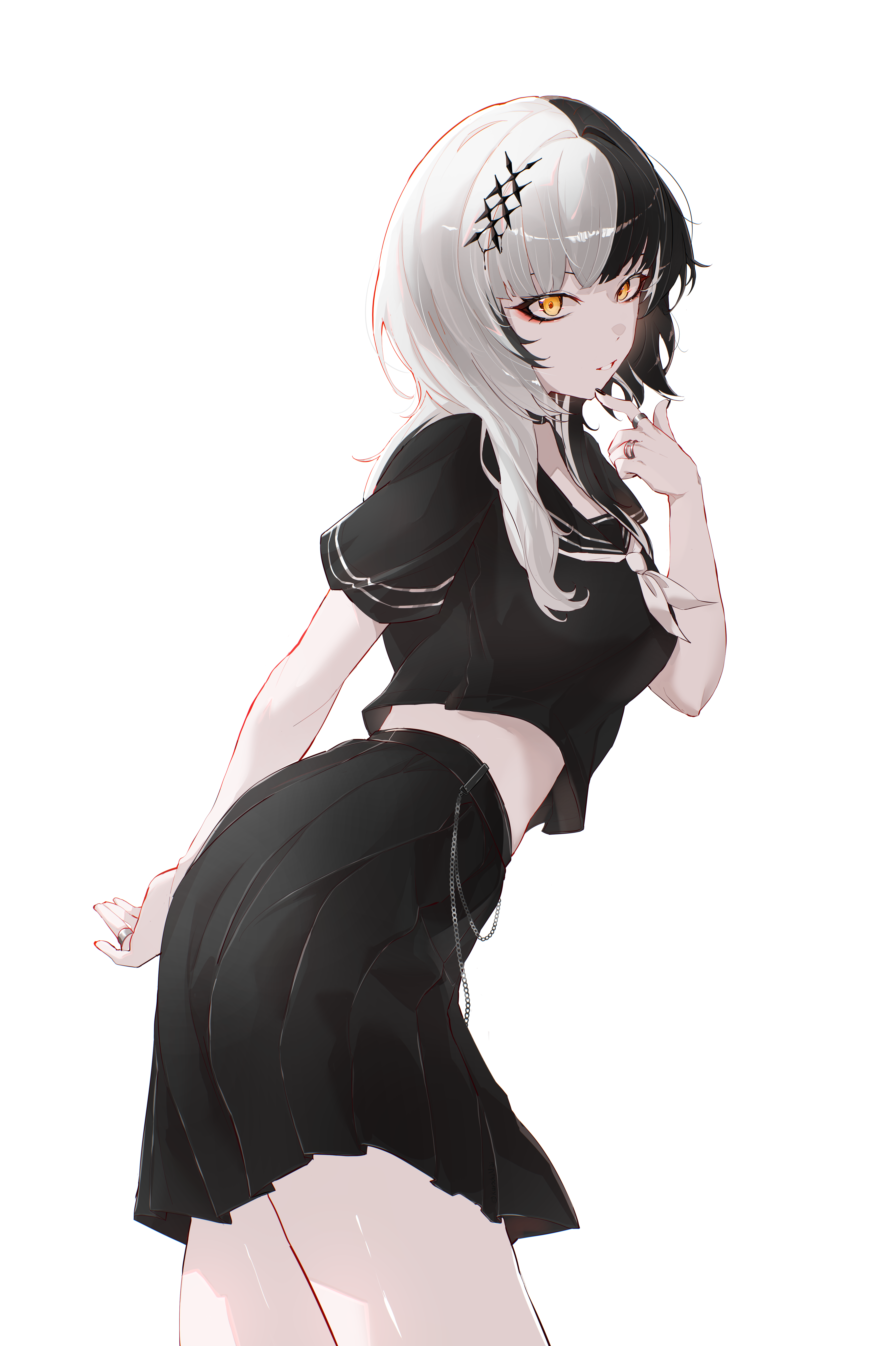 kurochanai, shiori novella, hololive, hololive english, absurdres, commentary, english commentary, highres, 1girl, alternate costume, arm behind back, black hair, black sailor collar, black serafuku, black shirt, black skirt, breasts, chain, cowboy shot, from side, grey hair, grin, hair ornament, hand up, jewelry, large breasts, long hair, looking at viewer, midriff, multicolored hair, multiple rings, neckerchief, pleated skirt, ring, sailor collar, school uniform, serafuku, shirt, short sleeves, simple background, skirt, smile, solo, split-color hair, standing, two-tone hair, virtual youtuber, white background, white neckerchief