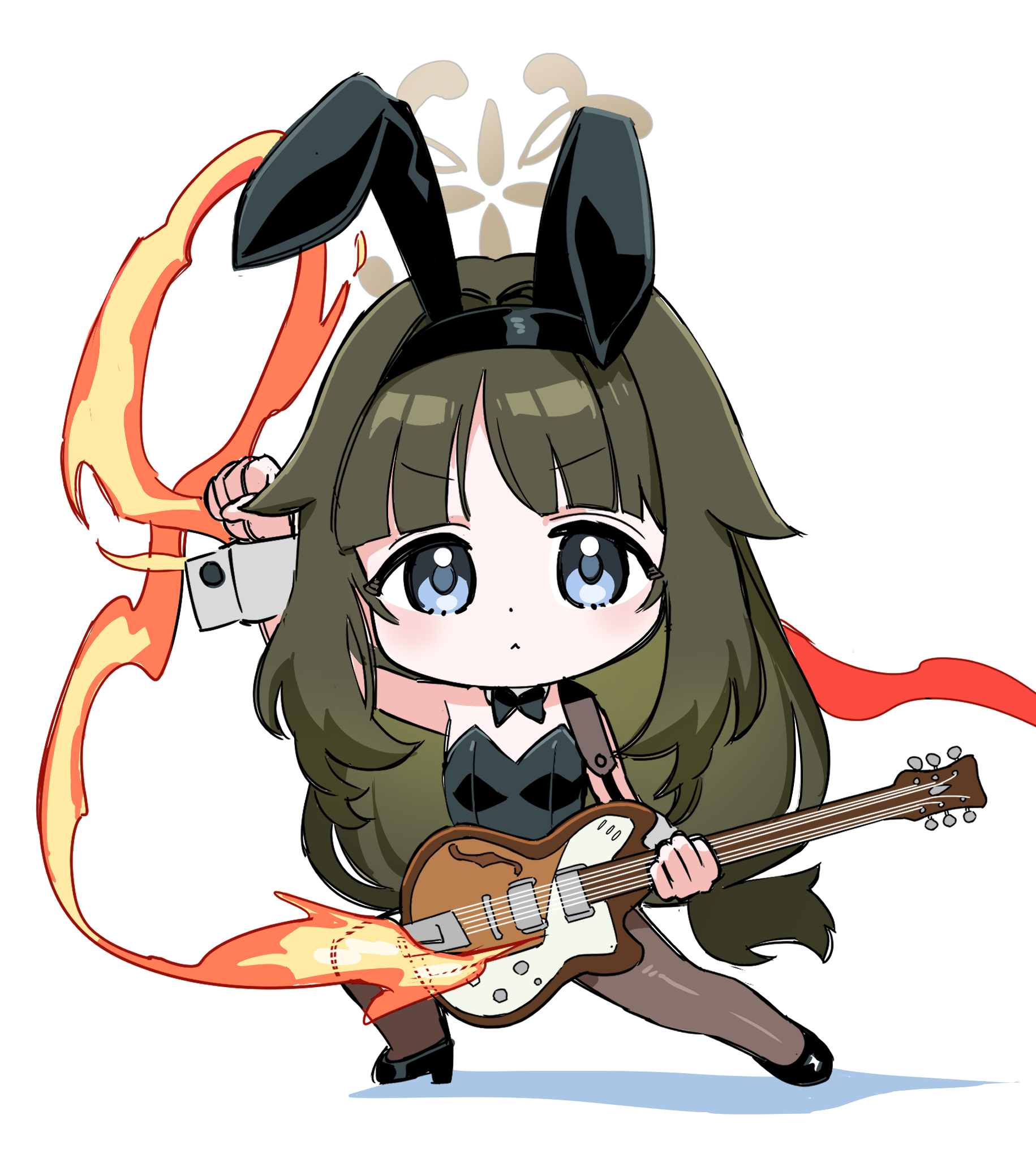 jshnimzz, tsumugi (blue archive), yngwie malmsteen, blue archive, highres, 1girl, animal ear hairband, animal ears, black bow, black bowtie, black leotard, black pantyhose, blue eyes, blunt bangs, bow, bowtie, brown halo, chibi, clenched hand, detached collar, dynamic pose, electric guitar, fake animal ears, fire, grey hair, guitar, hairband, halo, instrument, leotard, pantyhose, parody, playboy bunny, rabbit ears, solo, strapless, strapless leotard, wrist cuffs