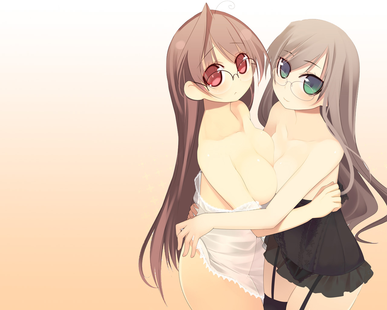 kashiwamochi yomogi, black legwear, 2girls, ahoge, breasts, camisole, female focus, garter straps, glasses, gradient background, lingerie, long hair, multiple girls, no panties, panties, red eyes, see-through clothes, siblings, smile, thighhighs, twins, underwear, yuri