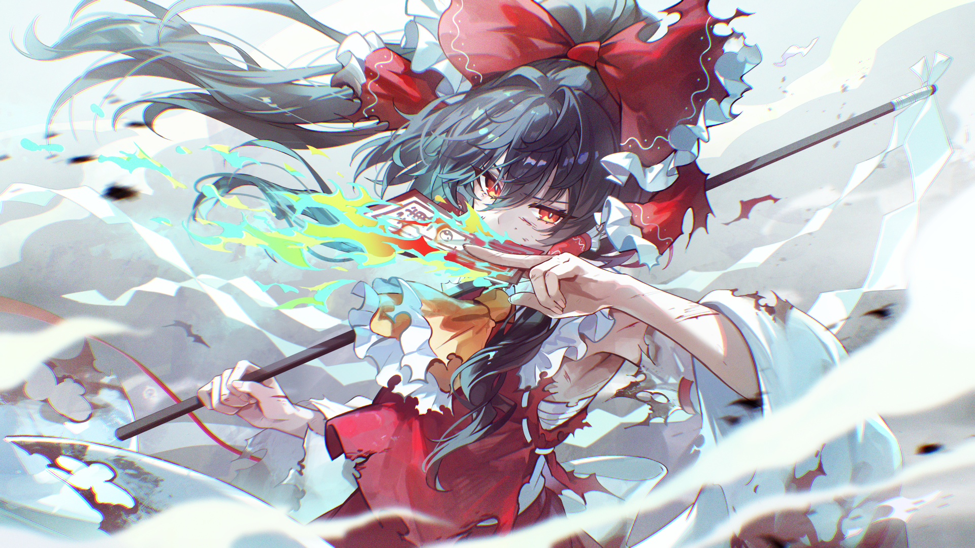 kyusoukyu, hakurei reimu, touhou, highres, 1girl, armpits, black hair, bright pupils, card, chest sarashi, detached sleeves, gohei, hair ribbon, hand up, holding, holding card, holding gohei, looking at viewer, red eyes, red ribbon, ribbon, sarashi, solo, upper body, white pupils, wide sleeves, wind
