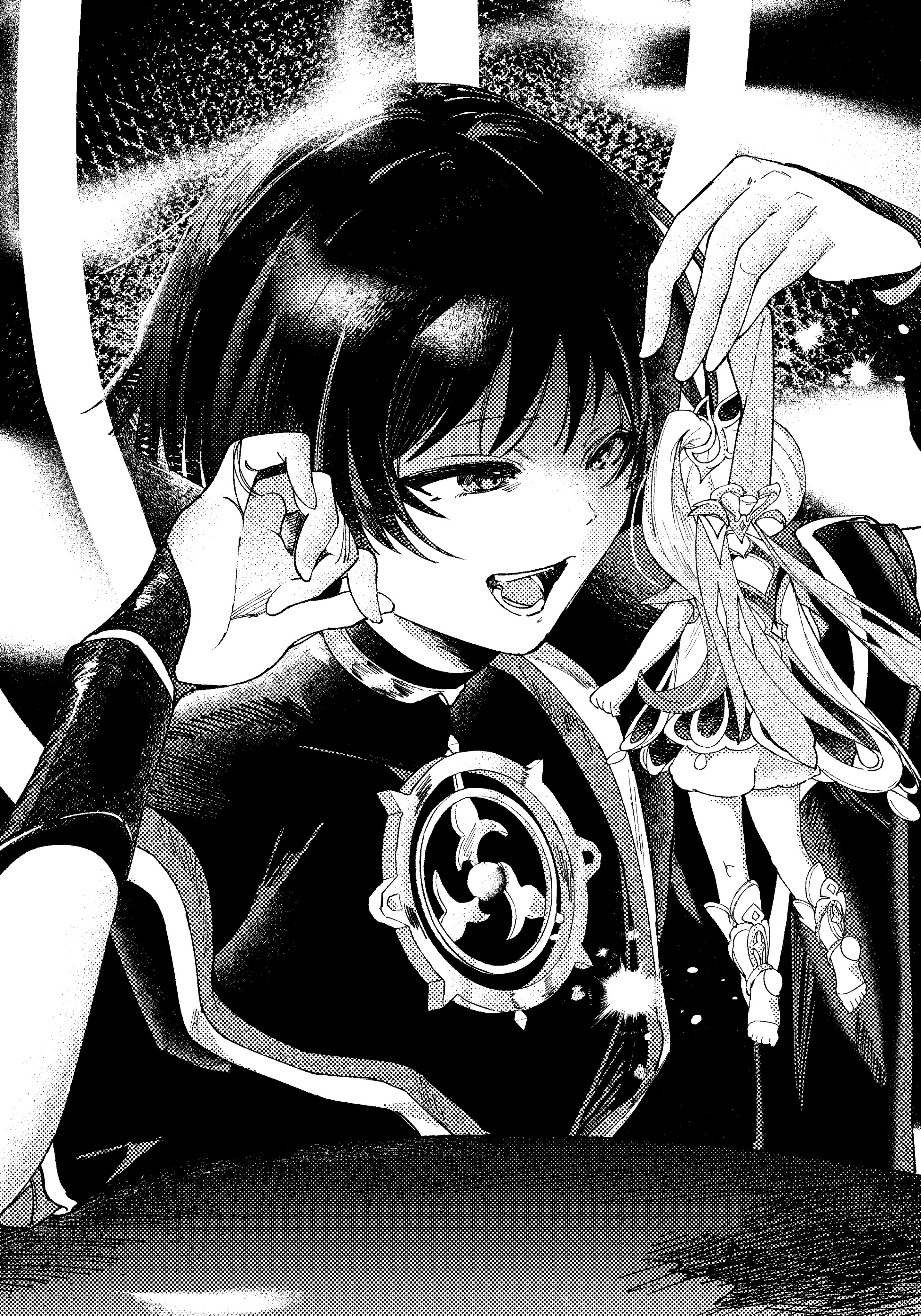 non0aaaa, nahida (genshin impact), scaramouche (genshin impact), genshin impact, absurdres, highres, 1boy, 1girl, anklet, arm at side, armor, bell, bloomers, blunt ends, bodysuit, cable, cape, clenched hand, curled fingers, detached sleeves, dress, elbow rest, facing another, giant, greyscale, hand up, holding, holding mini person, japanese armor, japanese clothes, jewelry, juban, kimono, kote, kurokote, layered sleeves, long hair, looking at another, loose hair strand, mini person, mitsudomoe (shape), monochrome, neck ring, open clothes, open kimono, open mouth, partially shaded face, short sleeves, side ponytail, sidelocks, stirrup footwear, teeth, toes, tomoe (symbol), tongue, tsurime, turtleneck, turtleneck bodysuit, underwear, wispy bangs