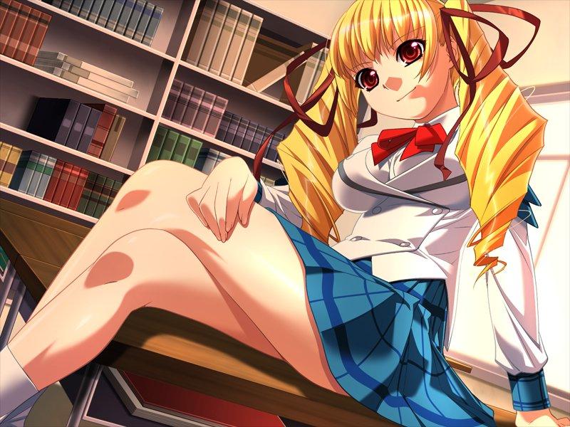 ino (magloid), shinmeiji rinn, oshioki sweetie, hand on thigh, striped, game cg, 1girl, arm support, blazer, blonde hair, book, bookshelf, bow, bowtie, breasts, classroom, cleavage, crossed legs, desk, drill hair, dutch angle, female focus, hair ribbon, head tilt, indoors, jacket, large breasts, legs, long hair, looking at viewer, pink eyes, pleated skirt, ribbon, school, school uniform, sitting, skirt, smile, socks, solo, twin drills