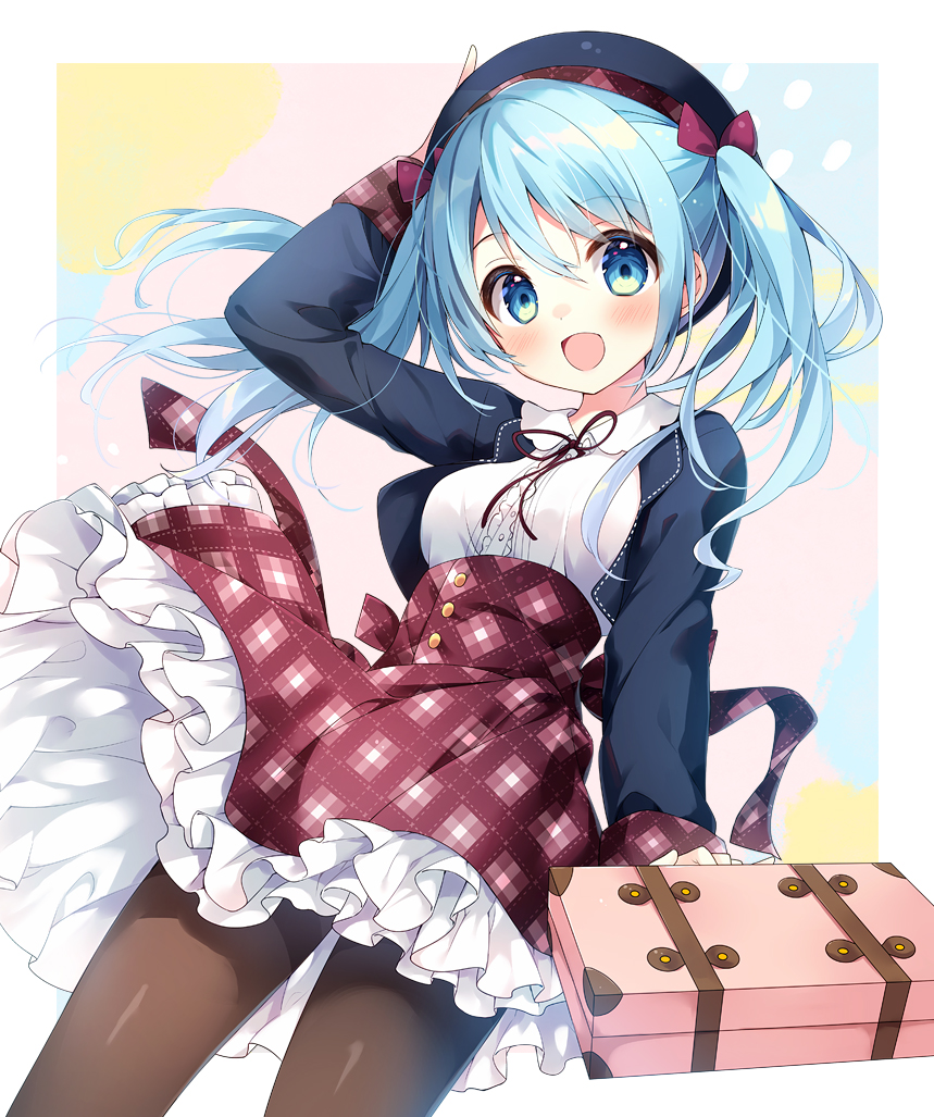 suimya, sesera (suimya), original, commentary request, 1girl, :d, arm up, beret, black hat, black jacket, blue eyes, blue hair, blush, bow, breasts, briefcase, brown pantyhose, brown ribbon, buttons, center frills, collared shirt, cowboy shot, cropped jacket, dress shirt, frilled shirt, frilled skirt, frills, hair between eyes, hair bow, hand on headwear, hat, high-waist skirt, holding, holding suitcase, jacket, long hair, long sleeves, looking at viewer, medium breasts, neck ribbon, open clothes, open jacket, open mouth, pantyhose, petticoat, plaid clothes, plaid skirt, red bow, red skirt, ribbon, shirt, skirt, smile, solo, standing, suitcase, tareme, twintails, white shirt