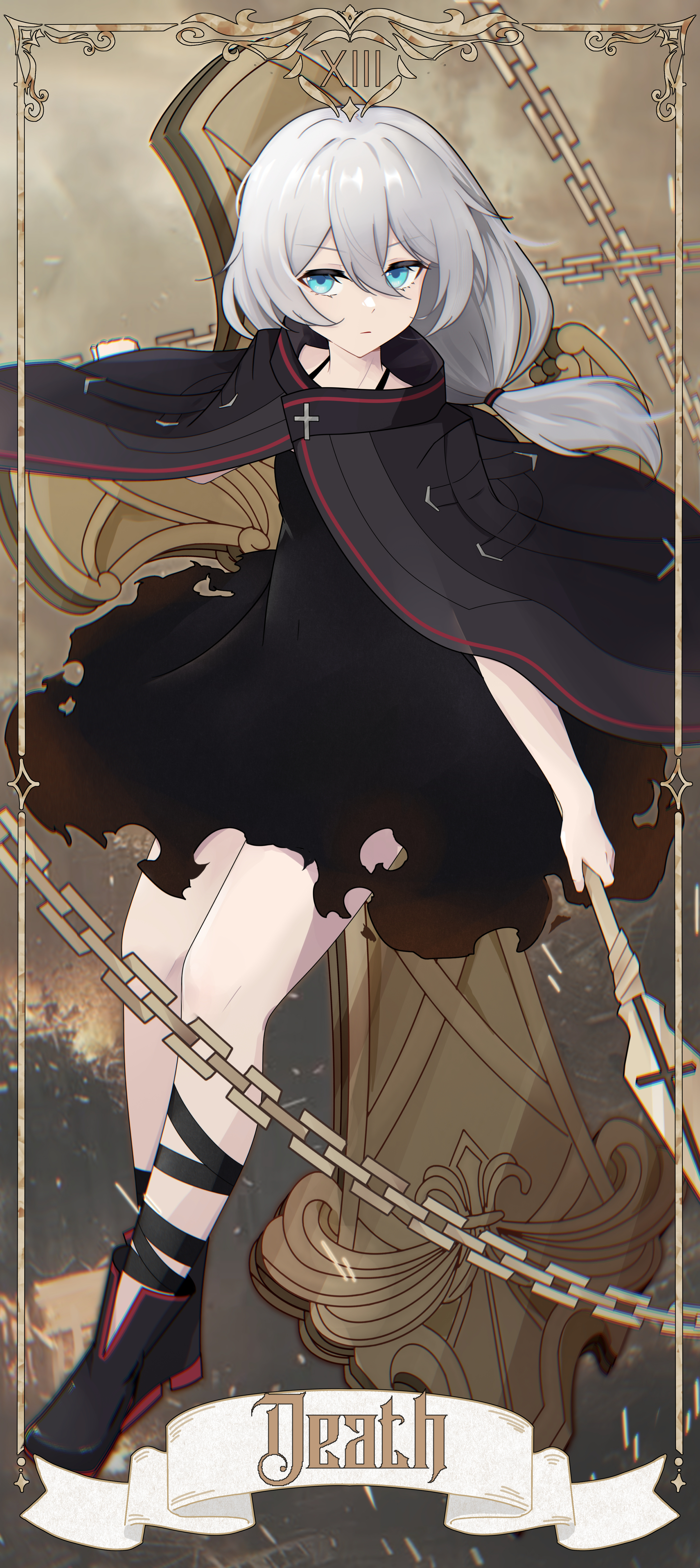 theresa apocalypse, benghuai xueyuan, honkai (series), absurdres, highres, 1girl, black boots, black dress, blue eyes, boots, card, chain, closed mouth, dress, full body, holding, holding polearm, holding weapon, long hair, looking at viewer, oath of judah, polearm, side ponytail, solo, tarot, tarot card, torn clothes, torn dress, weapon, white hair, yinyue (yinyue lunar)