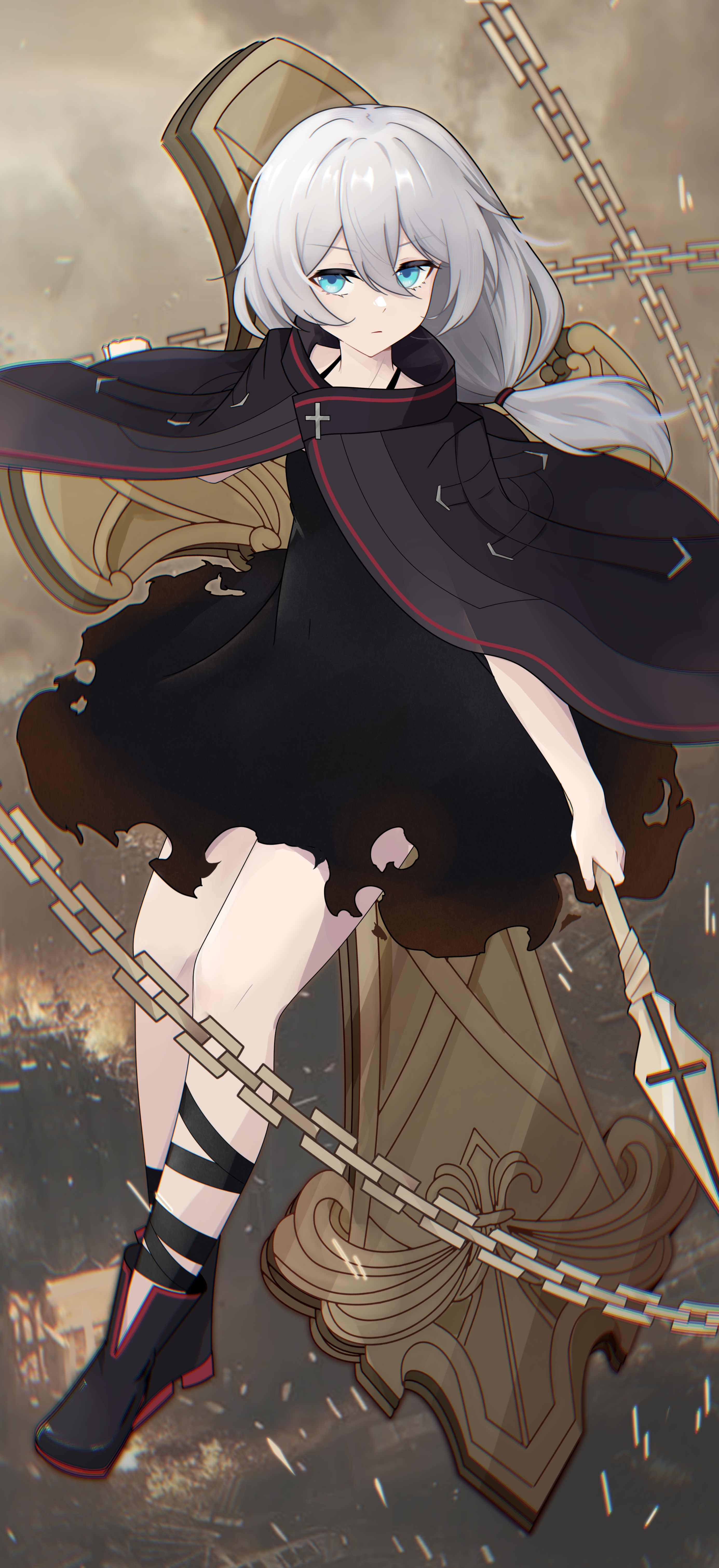 theresa apocalypse, benghuai xueyuan, honkai (series), absurdres, highres, 1girl, black boots, black dress, blue eyes, boots, chain, closed mouth, dress, full body, holding, holding polearm, holding weapon, long hair, looking at viewer, oath of judah, polearm, side ponytail, solo, torn clothes, torn dress, weapon, white hair, yinyue (yinyue lunar)