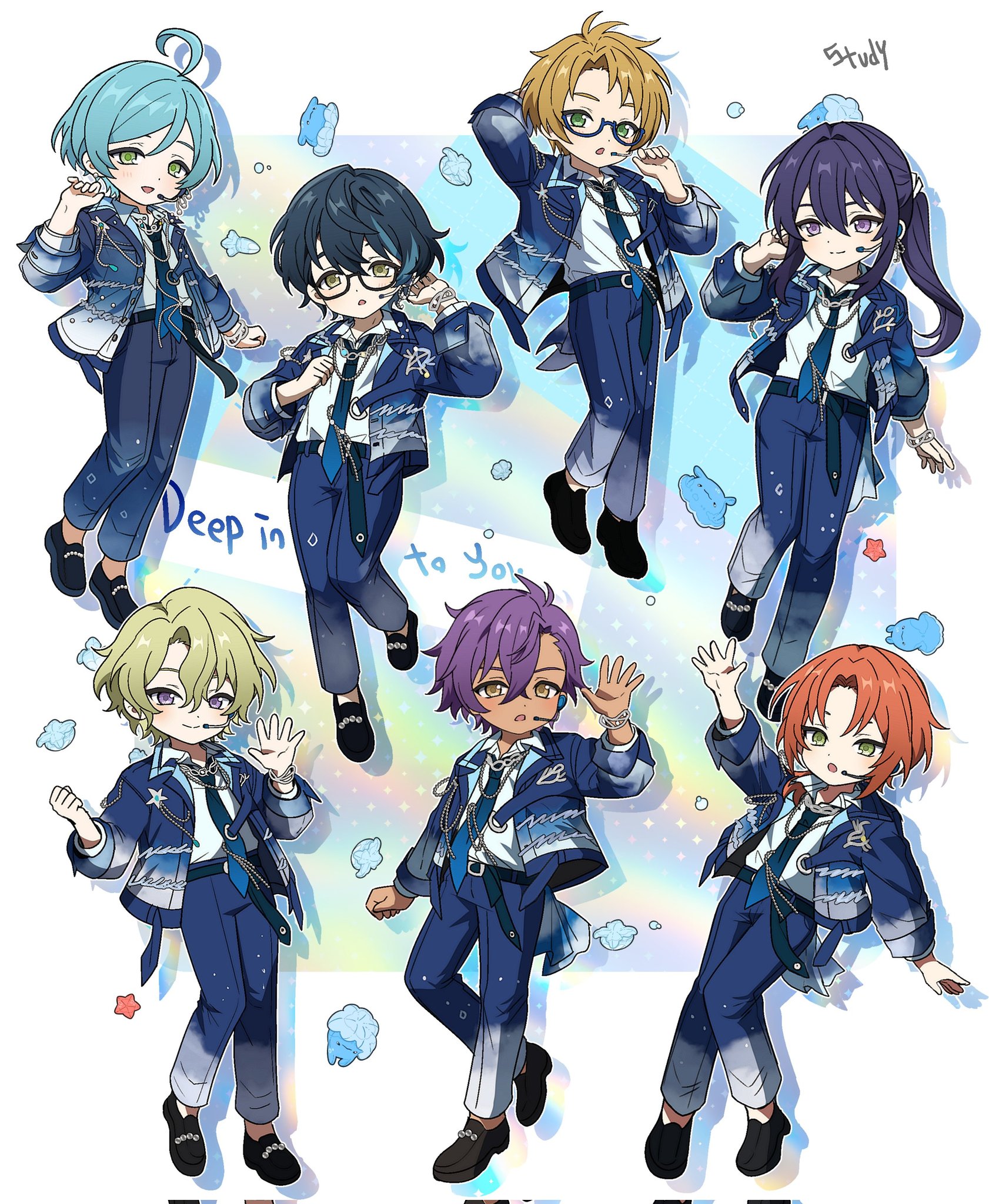 aoba tsumugi, kanzaki souma, otogari adonis, shinkai kanata, tomoe hiyori, tsukinaga leo, yuuki makoto (ensemble stars!), ensemble stars!, highres, 6+boys, ahoge, aqua hair, arm behind head, arm up, blonde hair, blue-framed eyewear, blue hair, blue jacket, blue necktie, clenched hand, closed mouth, dark-skinned male, dark skin, deformed, full body, glass, green eyes, green hair, hair between eyes, jacket, long hair, looking at viewer, male focus, matsuri don, microphone, multiple boys, necktie, open clothes, open jacket, open mouth, orange hair, parted bangs, ponytail, purple eyes, purple hair, short hair, smile, standing, standing on one leg, waving, white background