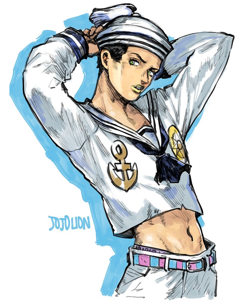 narita imomushi, higashikata josuke (jojolion), jojo no kimyou na bouken, jojolion, commentary request, 1boy, anchor ornament, anchor symbol, arms behind head, arms up, belt, black hair, blue belt, blue neckerchief, compass rose, copyright name, cropped legs, dixie cup hat, drop shadow, green eyes, green lips, hat, lipstick, looking to the side, makeup, male focus, midriff, military hat, navel, neckerchief, pants, pink belt, sailor, sailor collar, sailor hat, shirt, short hair, simple background, solo, two-tone belt, white background, white hat, white pants, white sailor collar, white shirt