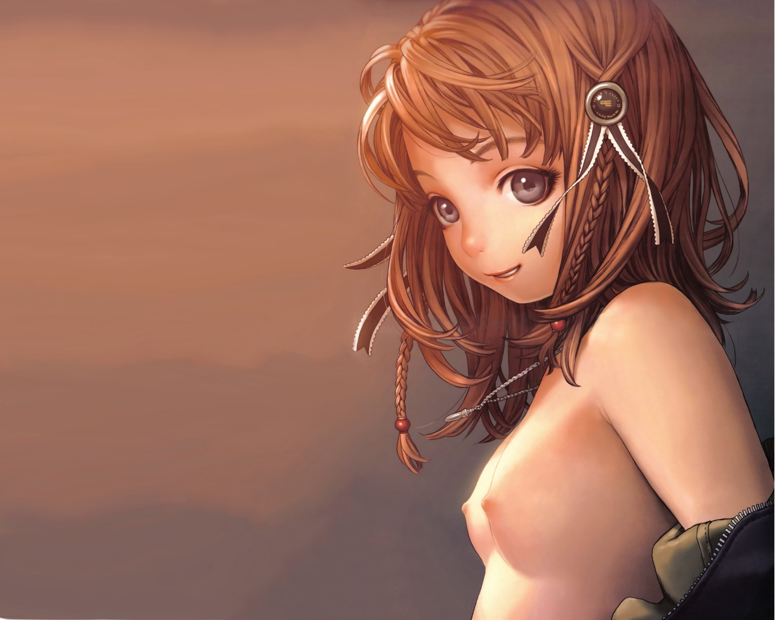 murata range, highres, 1girl, breasts, female focus, gradient background, loli, medium breasts, nipples, nude, oppai loli, pinup (portrait), short hair, solo, upper body
