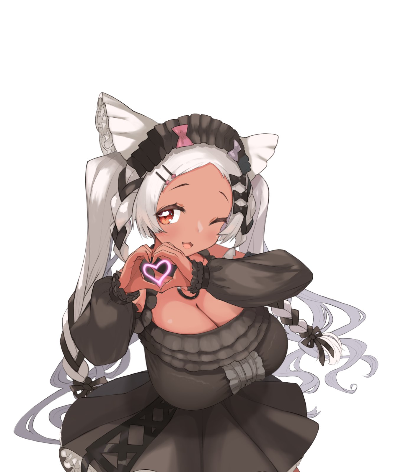 mikasayaki, nekobuki kemuri, indie virtual youtuber, highres, 1girl, animal ears, arm up, armpits, bare shoulders, black dress, blush, braid, breasts, cat-shaped pupils, center frills, cleavage, cowboy shot, dark-skinned female, dark skin, detached sleeves, dress, frills, grey ribbon, hair ornament, hairclip, heart, heart hands, huge breasts, long hair, long sleeves, looking at viewer, maid headdress, moe moe kyun!, one eye closed, open mouth, parallel hairclips, pointy breasts, red eyes, shortstack, skirt, smile, solo, symbol-shaped pupils, twintails, white background, white hair