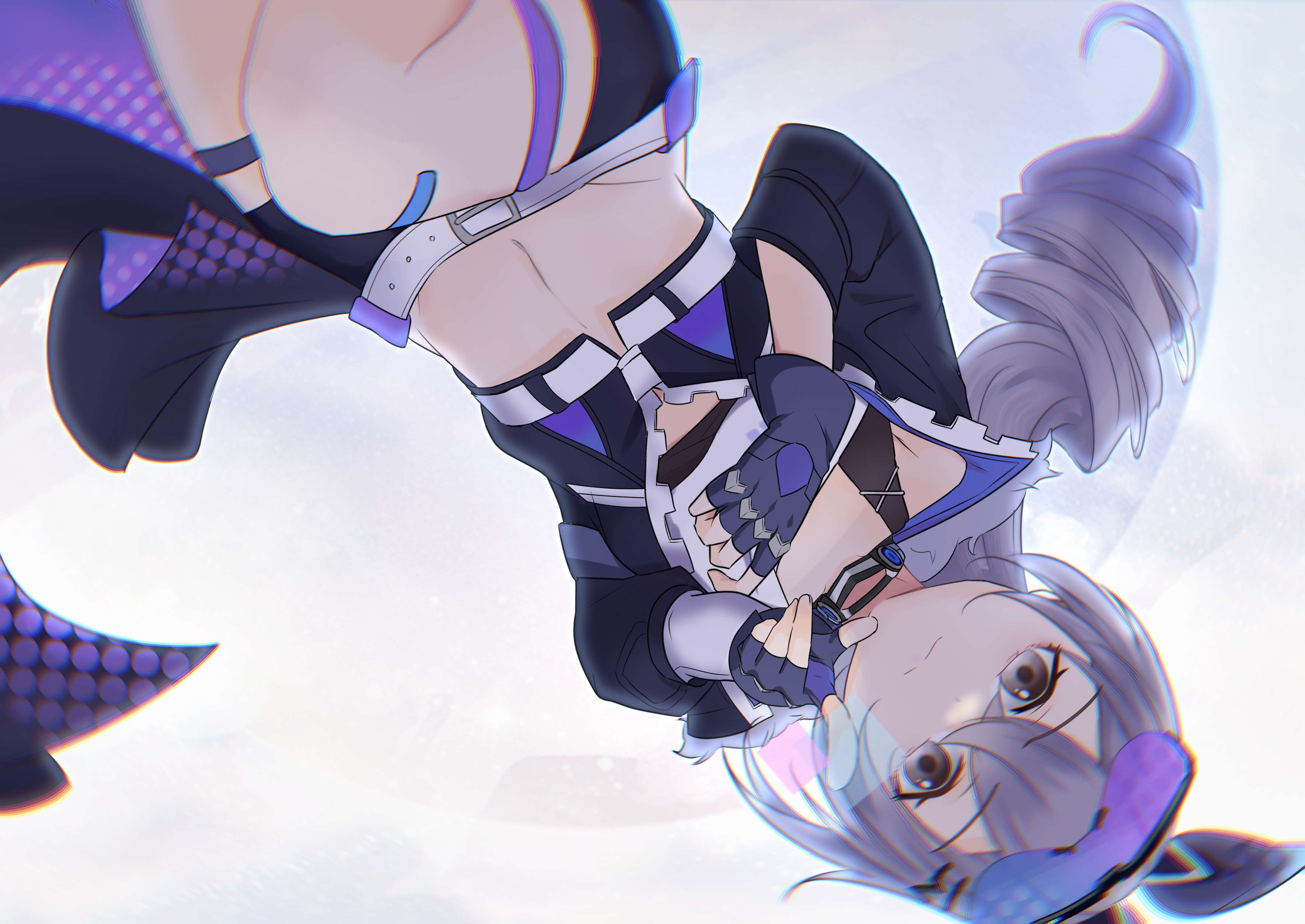 silver wolf (honkai: star rail), honkai: star rail, honkai (series), absurdres, highres, 1girl, belt, black choker, black gloves, black jacket, choker, crop top, cropped jacket, drill hair, eyewear on head, fingerless gloves, gloves, grey eyes, grey hair, hair between eyes, jacket, long hair, looking at viewer, midriff, navel, shirt, solo, stomach, sunglasses, thigh strap, white belt, white shirt, yinyue (yinyue lunar)