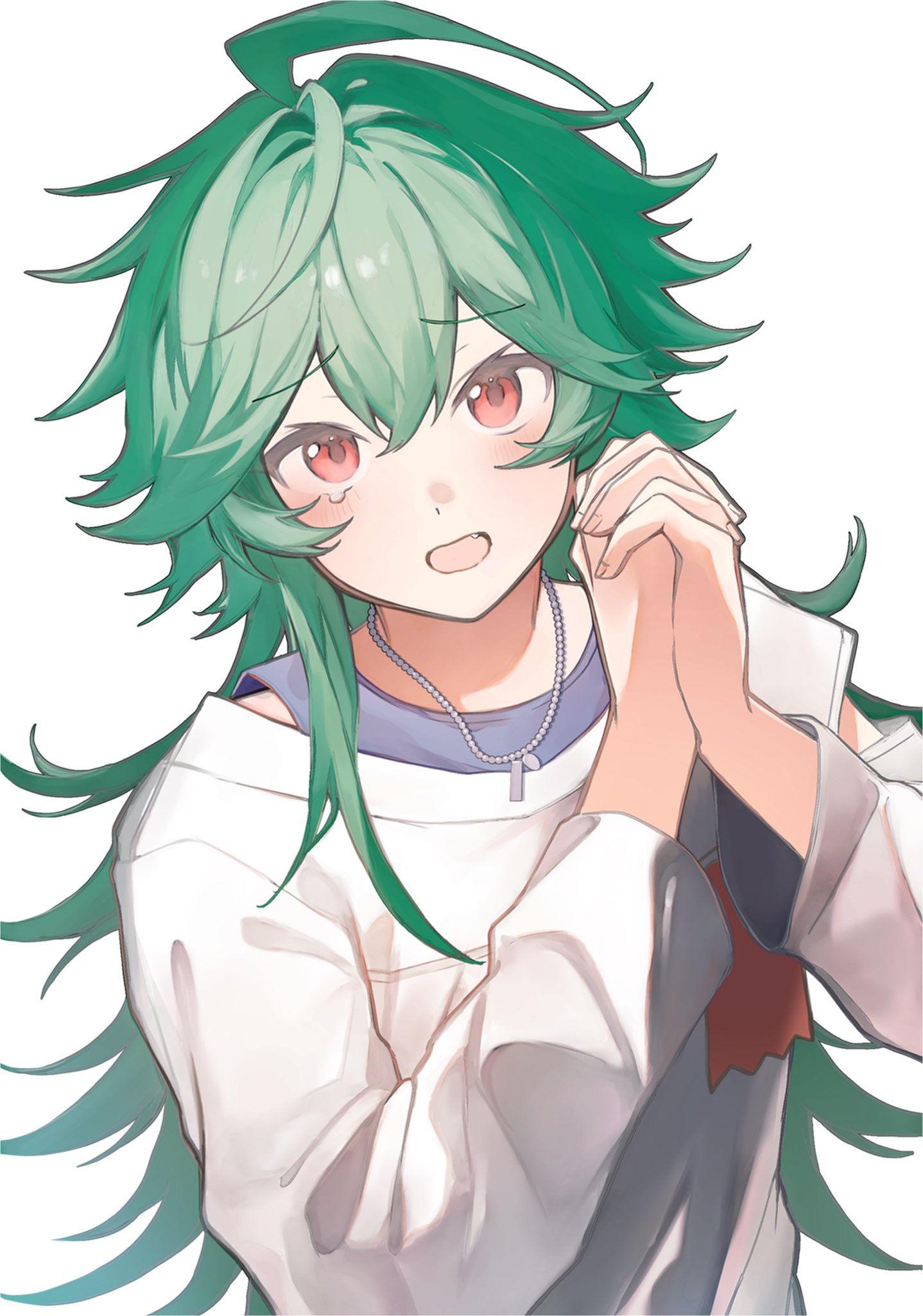 hojo raika, ensemble stars!, highres, 1boy, ahoge, arm cutout, clothing cutout, green hair, hair between eyes, jewelry, long hair, long sleeves, looking at viewer, male focus, necklace, open mouth, own hands clasped, own hands together, point c5, red eyes, shirt, simple background, solo, upper body, white background, white shirt