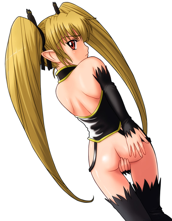 pachira, renkin san-kyuu magical pokaan, 1girl, ass, blonde hair, blush, covering crotch, covering privates, long hair, looking back, no panties, thighhighs, twintails