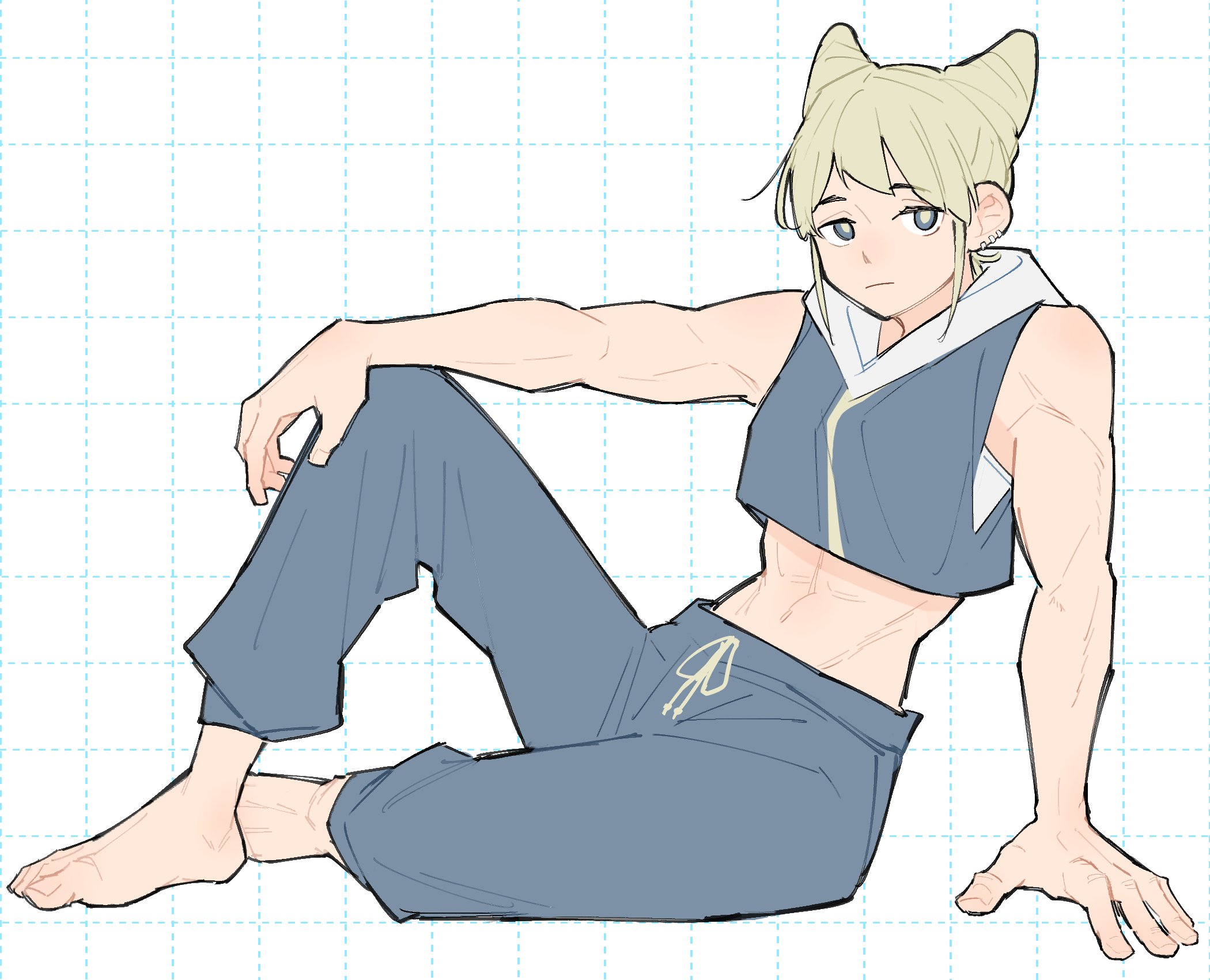 xinhao, jasmine (toshi densetsu kaitai center), toshi densetsu kaitai center, commentary request, highres, 1girl, abs, alternate costume, arm support, barefoot, blonde hair, blue eyes, blue pants, bright pupils, closed mouth, cone hair bun, cropped hoodie, double bun, full body, hair bun, hood, hoodie, looking at viewer, muscular, muscular female, navel, pants, short hair, sitting, solo, white pupils