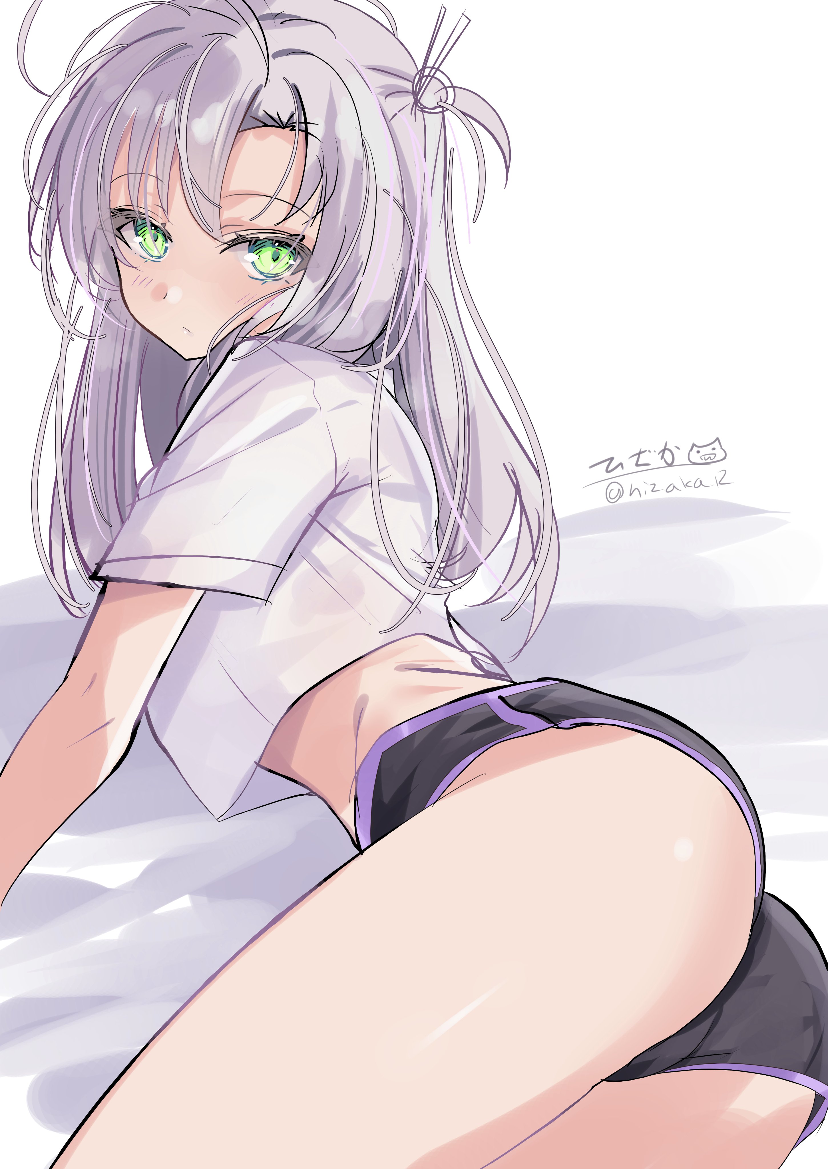 hizaka, kinugasa (kancolle), kinugasa kai ni (kancolle), kantai collection, absurdres, highres, 1girl, antenna hair, breasts, green eyes, grey hair, long hair, looking at viewer, lying, medium breasts, midriff, shirt, short sleeves, shorts, signature, solo, twitter username, white shirt
