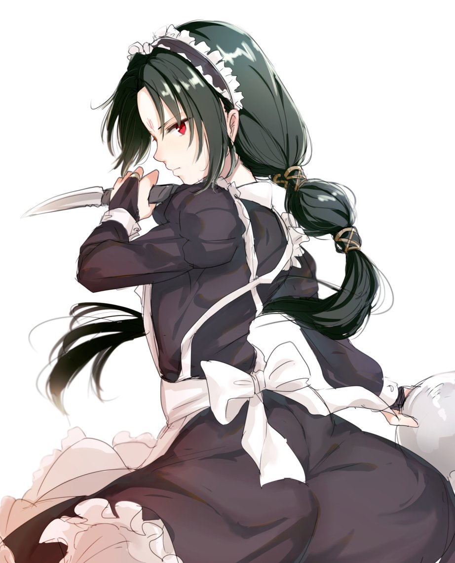 soren (fire emblem), fire emblem, fire emblem: path of radiance, nintendo, commentary request, 1boy, apron, bridal gauntlets, crossdressing, crossdressing (mtf), facial mark, forehead mark, holding, holding knife, holding weapon, knife, kuroineko8822, long hair, maid, male focus, male maid, red eyes, weapon, white apron