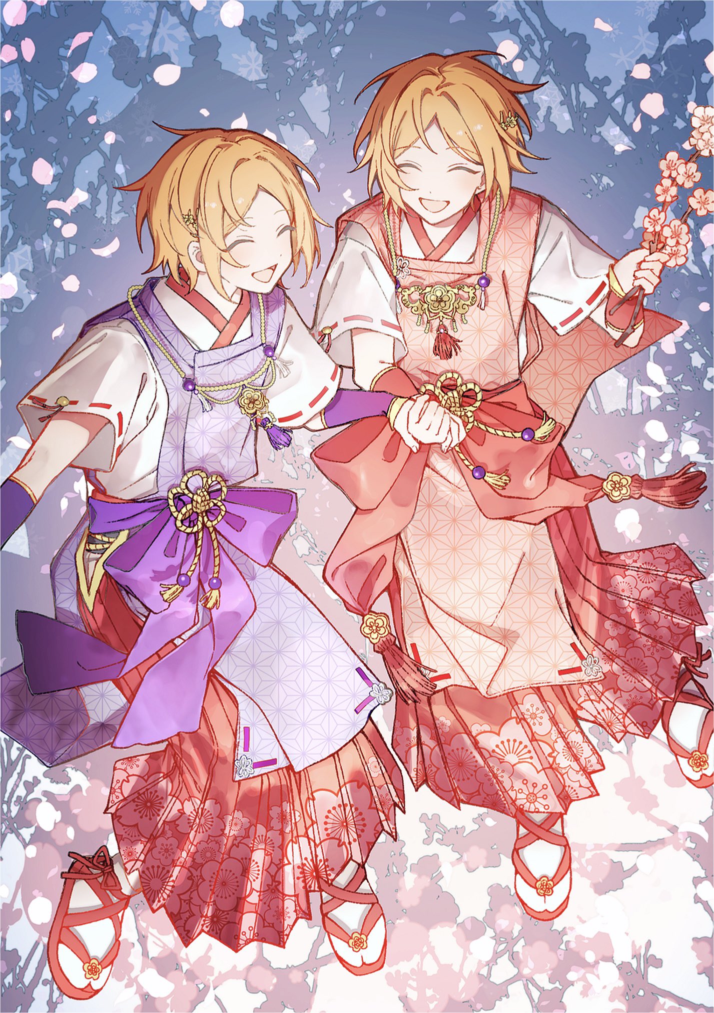 aoi yuta, hinata aoi, ensemble stars!, highres, 2boys, bow, branch, brothers, closed eyes, falling petals, flower, from above, holding, holding branch, japanese clothes, male focus, multiple boys, open mouth, orange hair, parted bangs, petals, point c5, purple bow, red bow, sandals, short hair, short sleeves, siblings, smile, twins, zouri