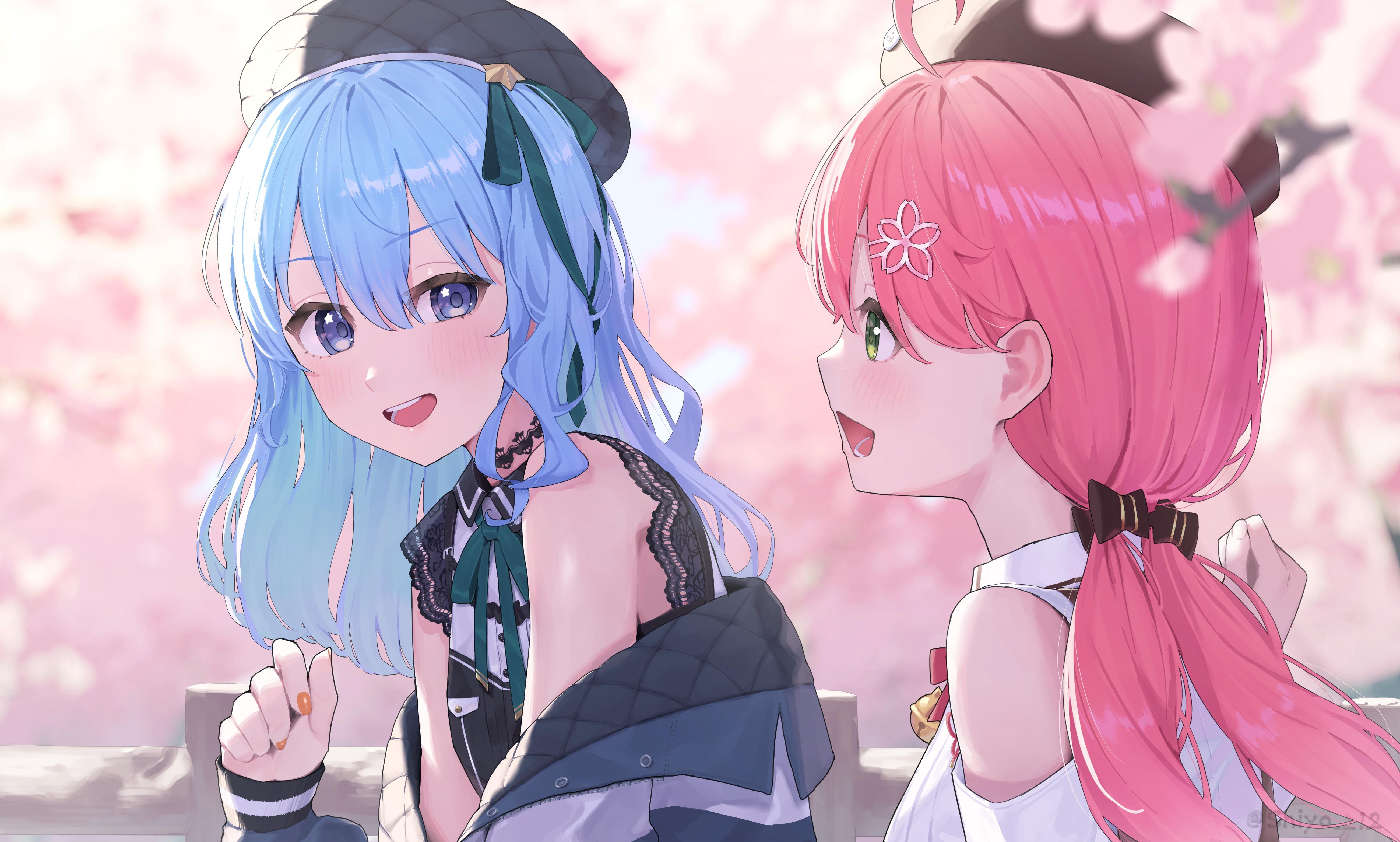 shosann1612, hoshimachi suisei, hoshimachi suisei (casual), sakura miko, sakura miko (casual), hololive, absurdres, commentary, highres, 2girls, :d, ahoge, bare shoulders, beret, black bow, black hat, blue eyes, blue hair, blurry, blurry background, bow, cherry blossoms, green eyes, hair between eyes, hair bow, hair ornament, hairclip, hat, light blush, long hair, looking at another, low twintails, multiple girls, nail polish, off shoulder, official alternate costume, open mouth, orange nails, pink hair, smile, star (symbol), star in eye, symbol in eye, twintails, twitter username, virtual youtuber